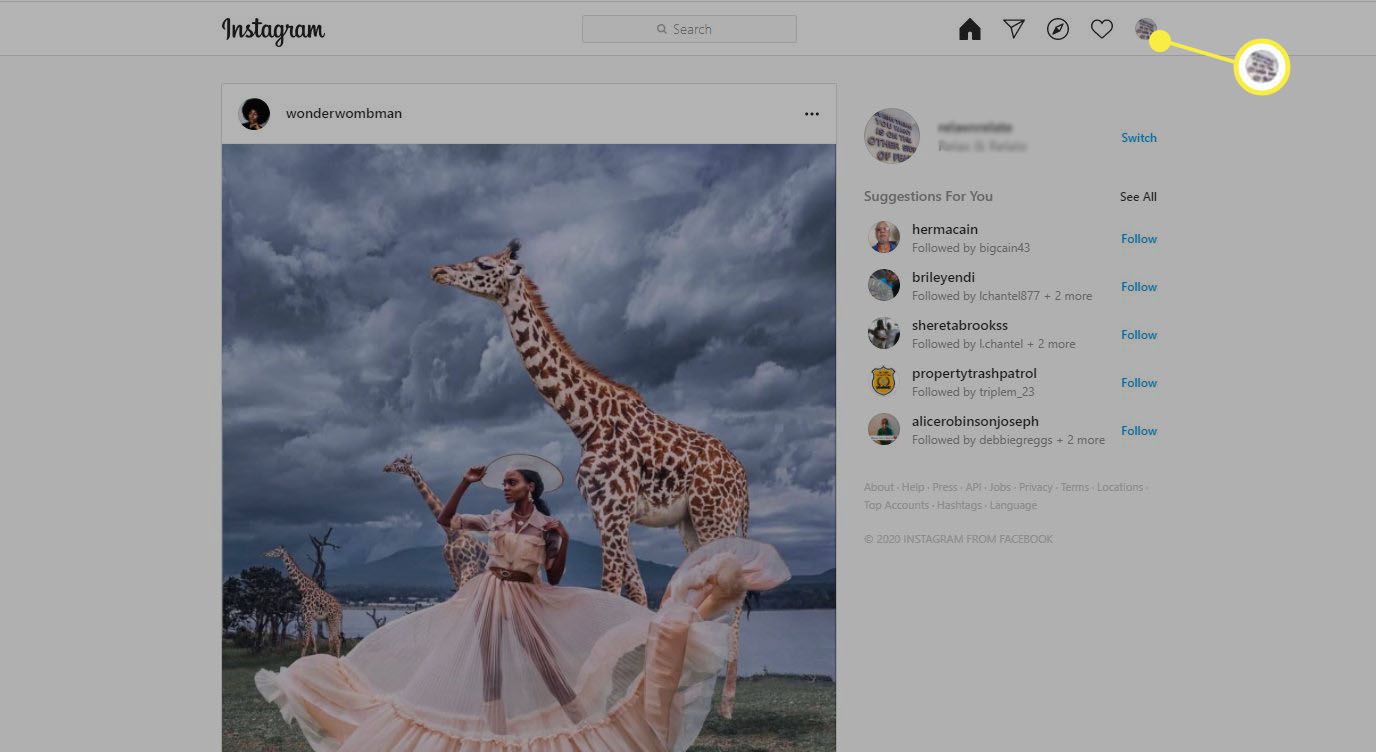 Instagram - Profilikon i övre högra hörnet på webbplatsen