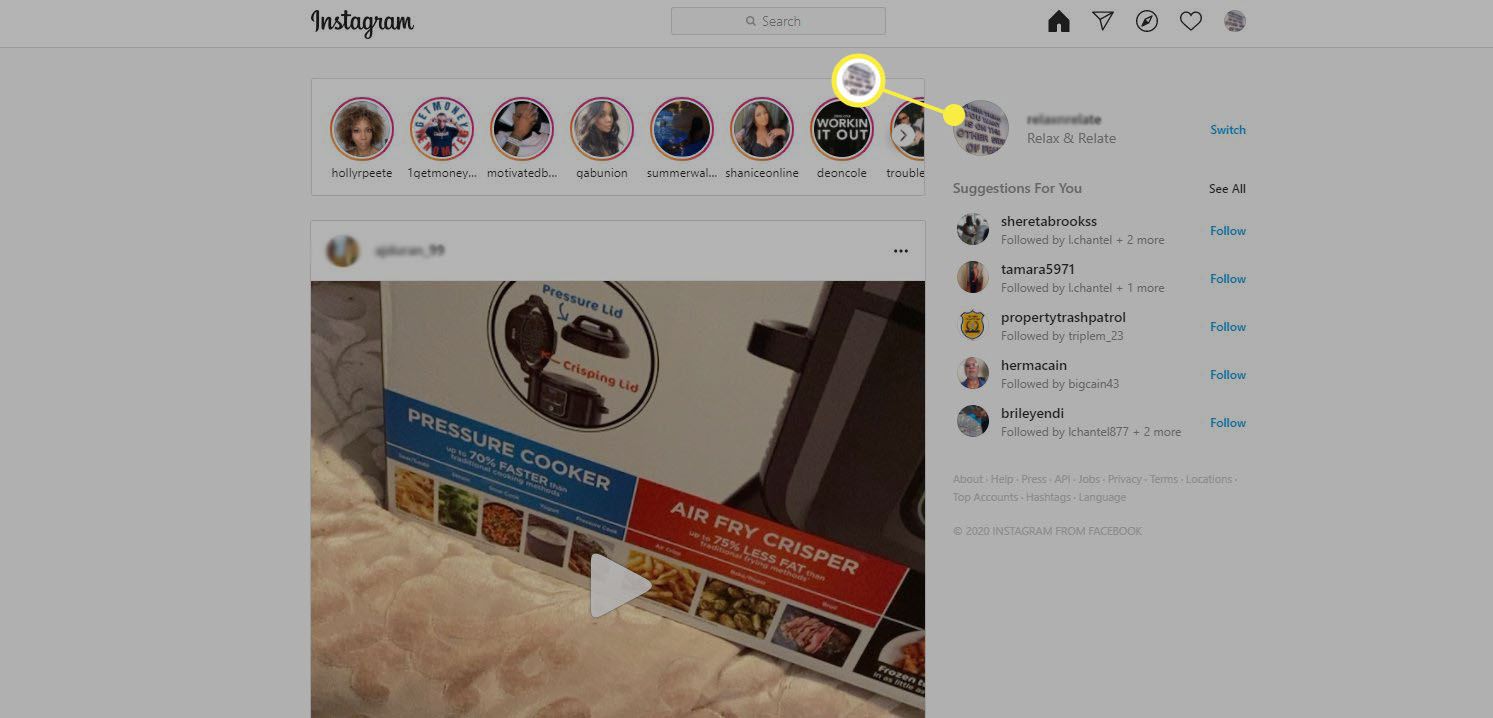Instagram - välj profilikon i det övre högra hörnet