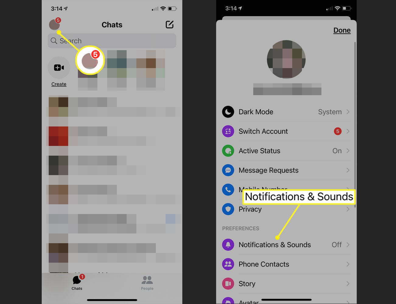 Messenger mobilapp som visar Inställningar