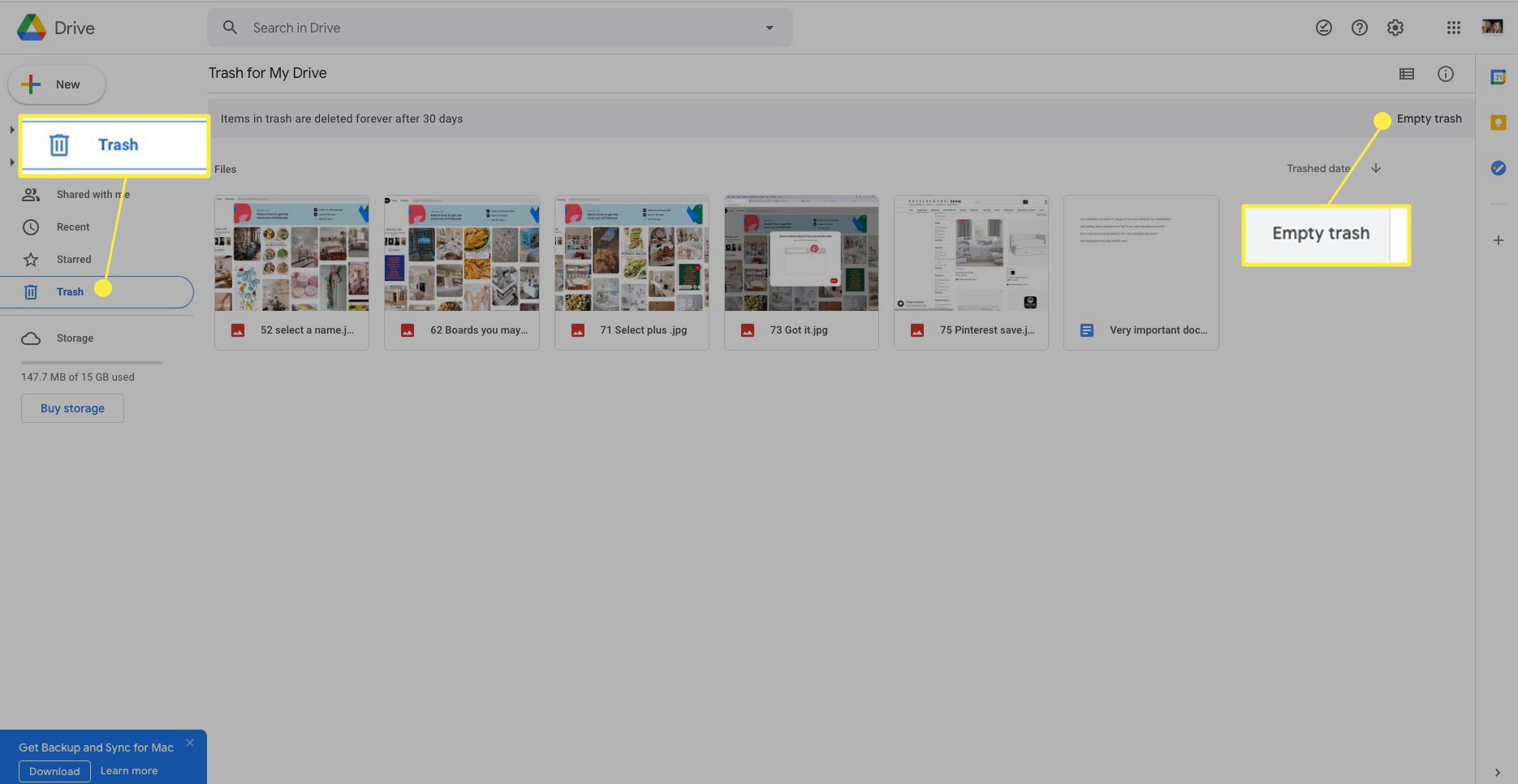 Google Drive med papperskorgen och tomt papperskorgen markerad