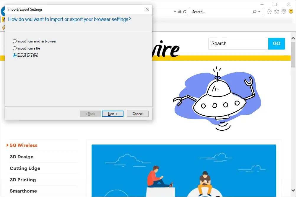 Exportera till ett alternativ för Internet Explorer