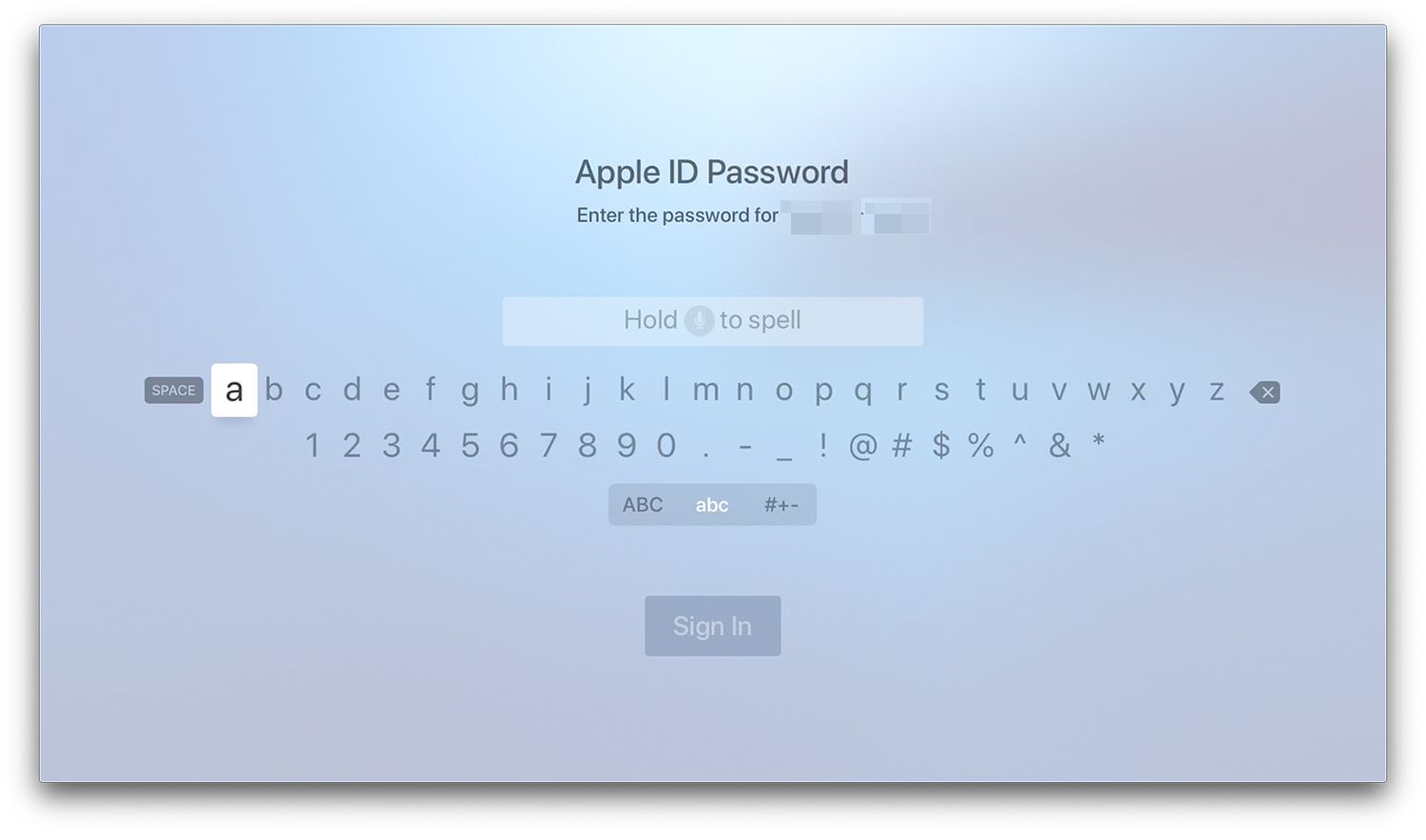 Lösenordsskärm för ny användare på Apple TV