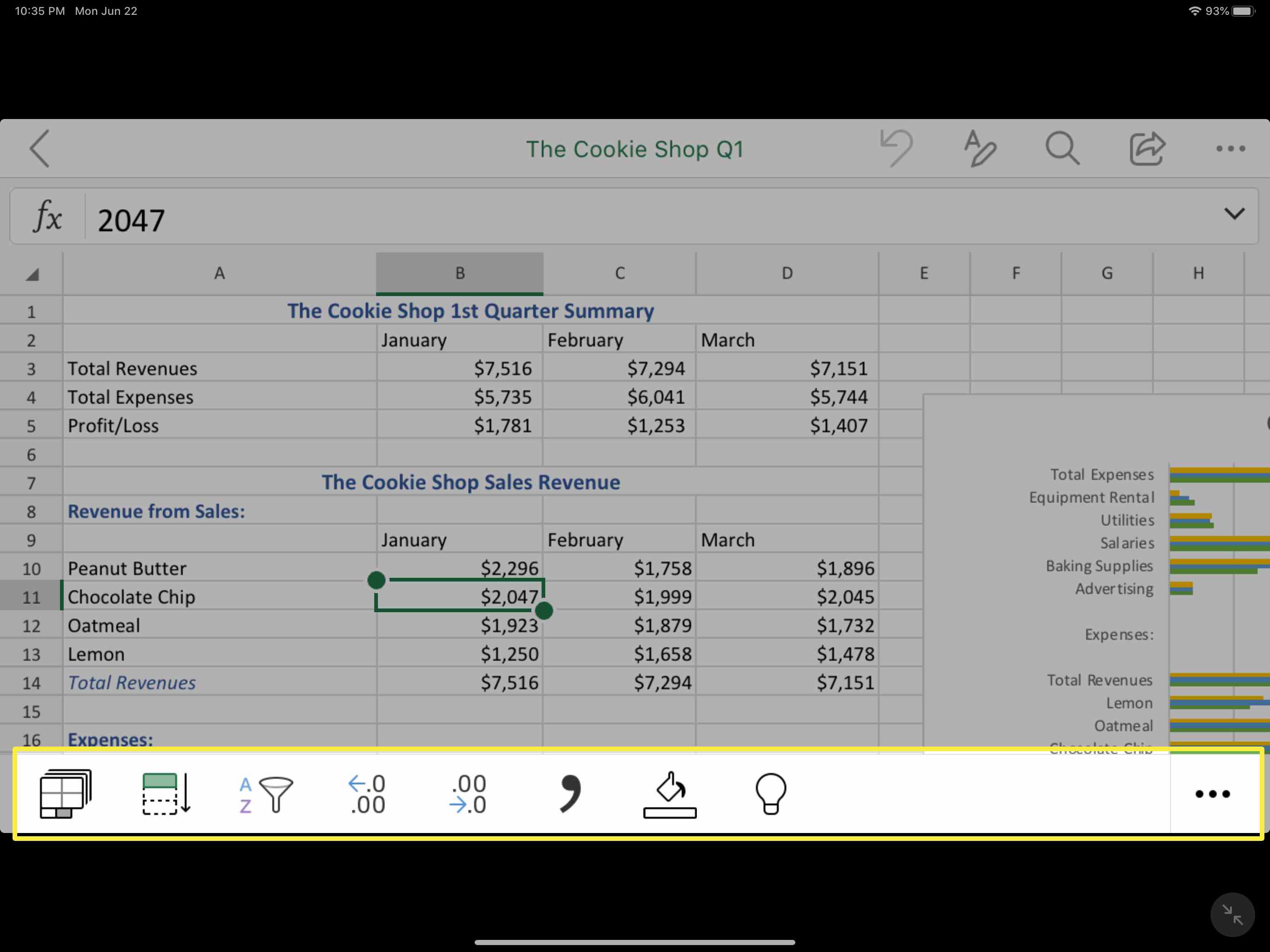 Några av Excel-verktygen i kalkylbladsdelen av Microsoft Office-appen för iOS.