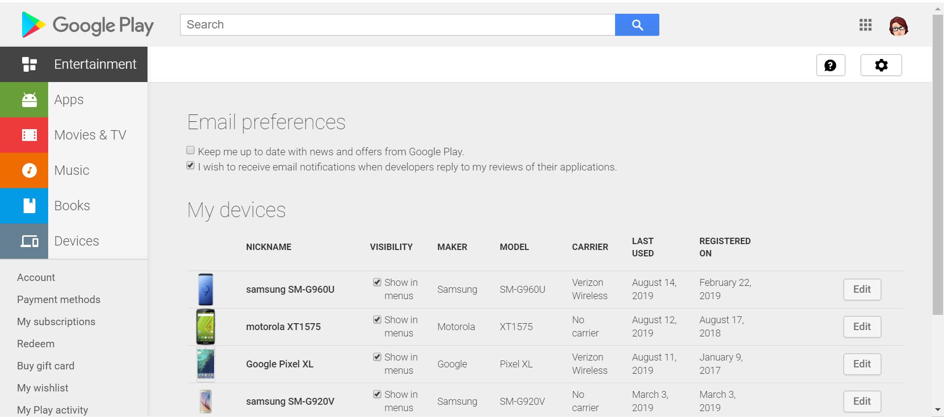 Google Play Store-enhetens synlighetsinställningar.