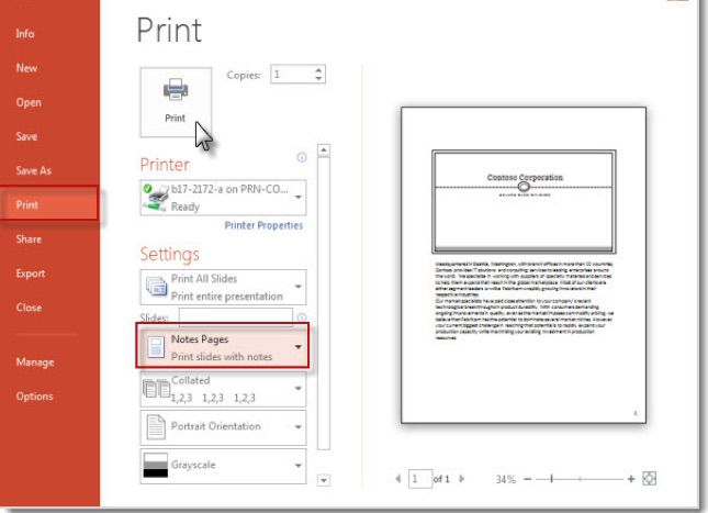 Skärmdump av skrivarinställningar för att skriva ut PowerPoint-högtalaranteckningar utan miniatyrbilder