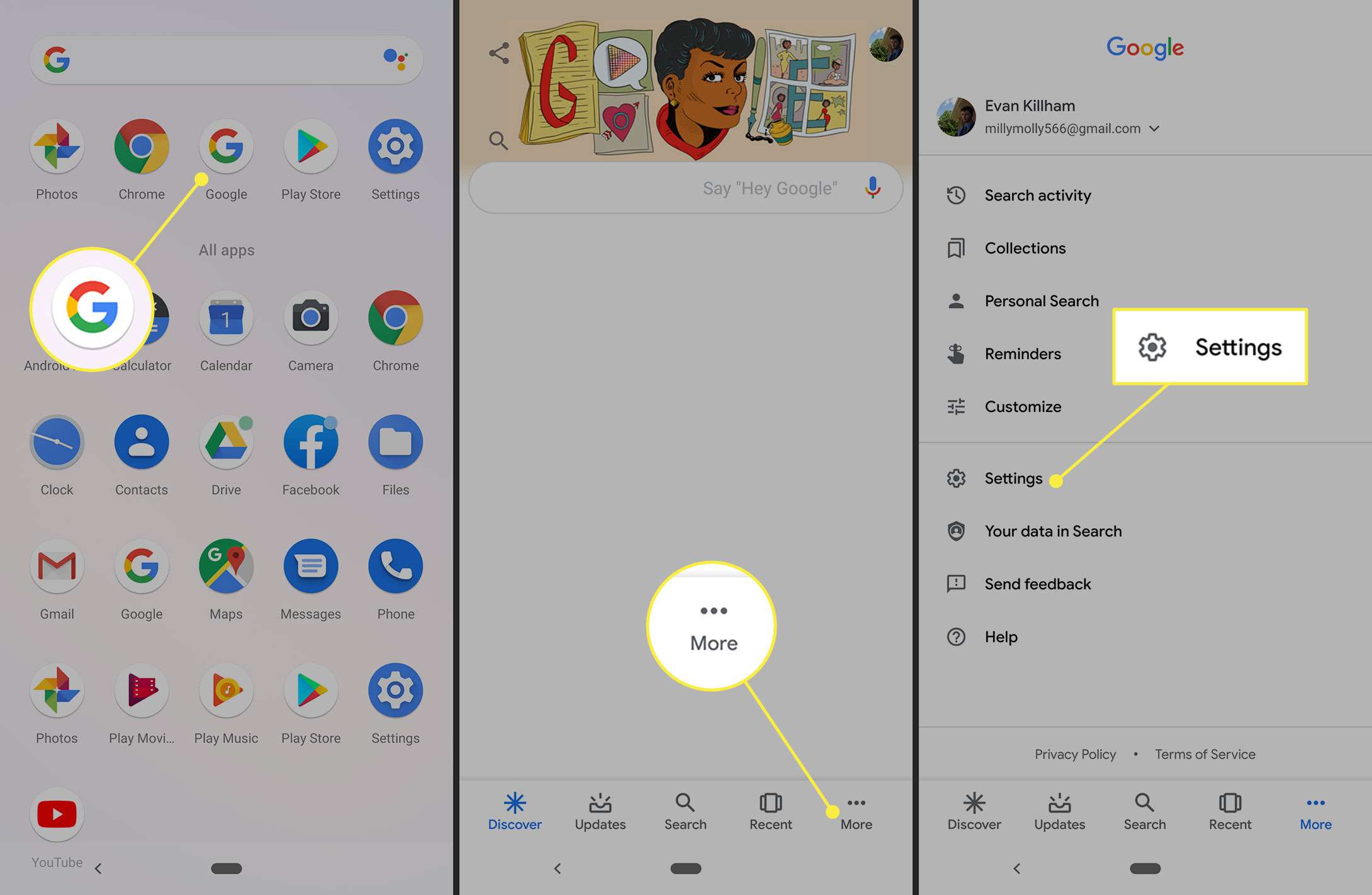 Mer och inställningar i Google-appen för Android