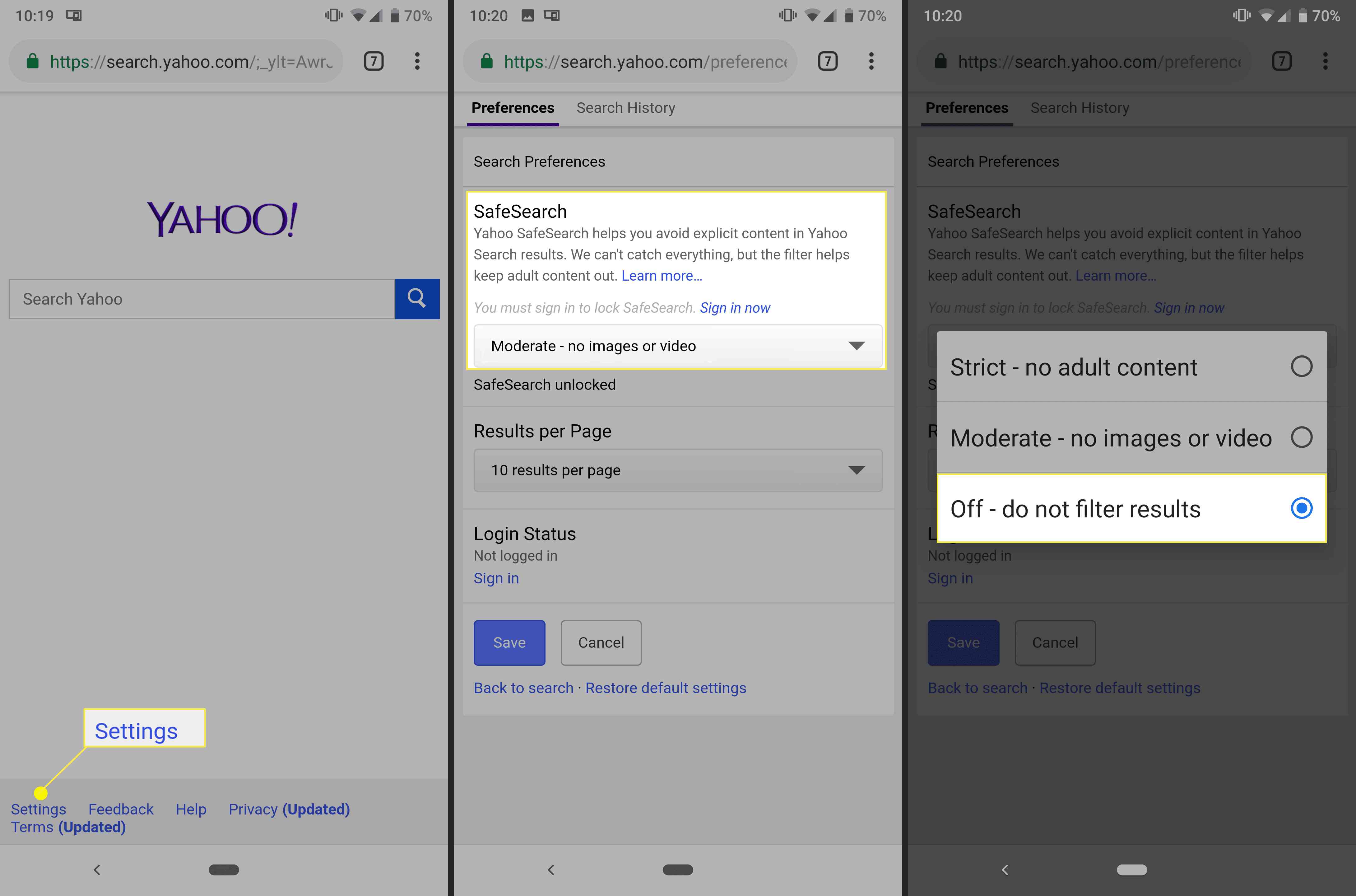 Stänger av Yahoo Safe Search på Android / iPhone
