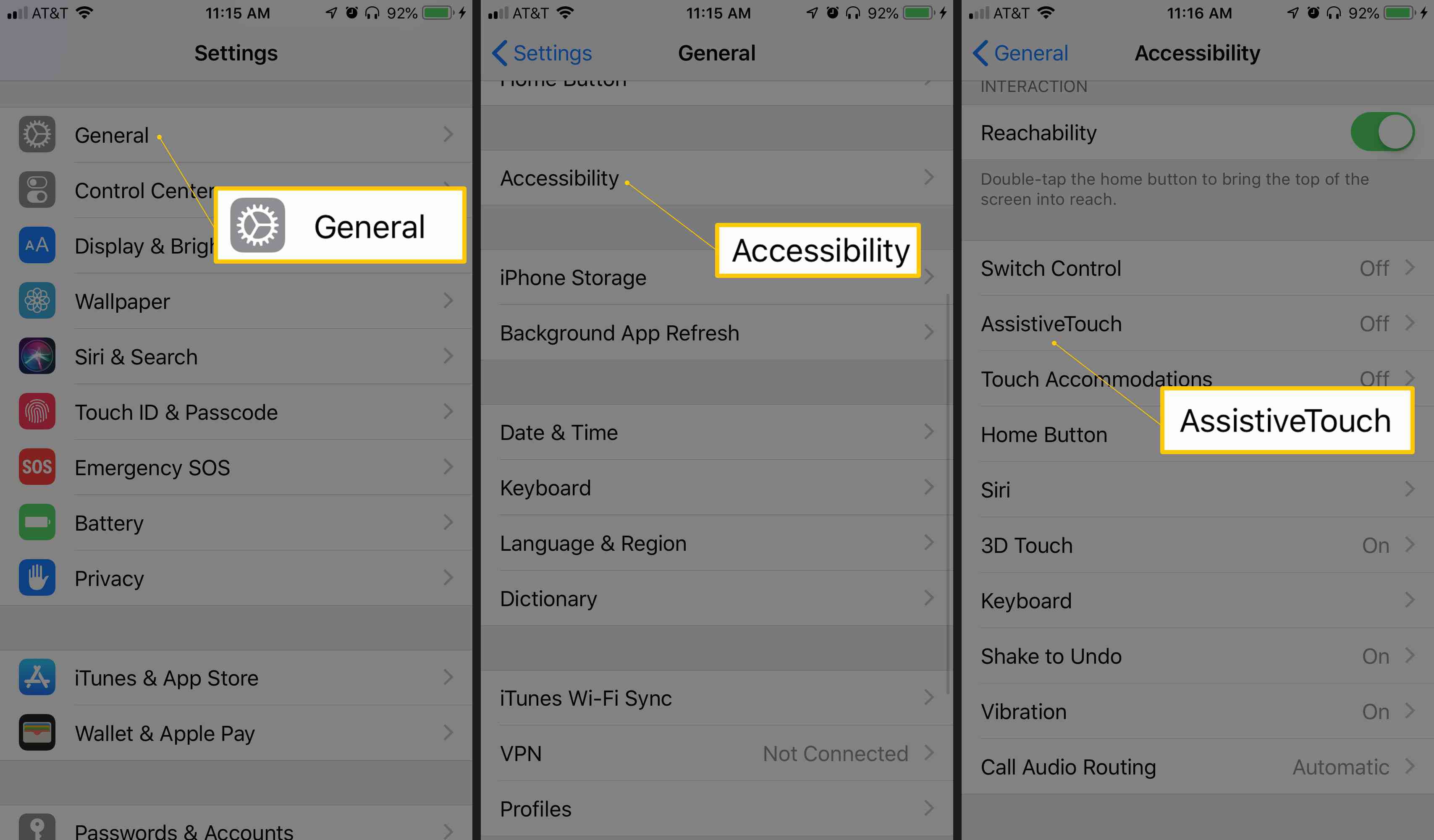 Allmänt, tillgänglighets- och AssistiveTouch-knappar i iOS-inställningsappen