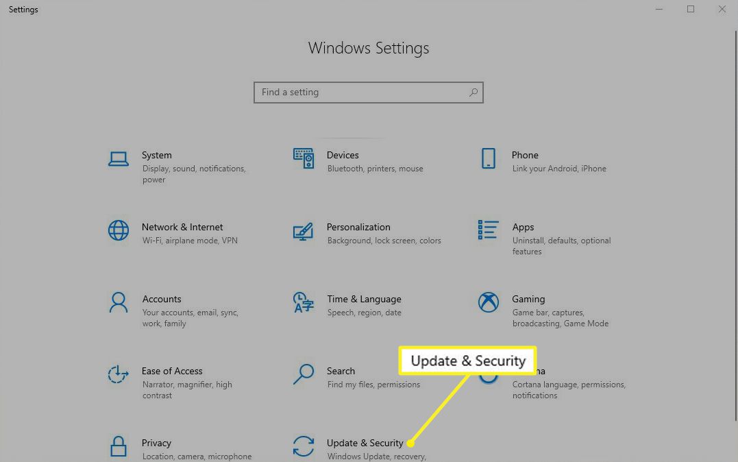 Windows-inställningar med uppdateringar och säkerhet markerade