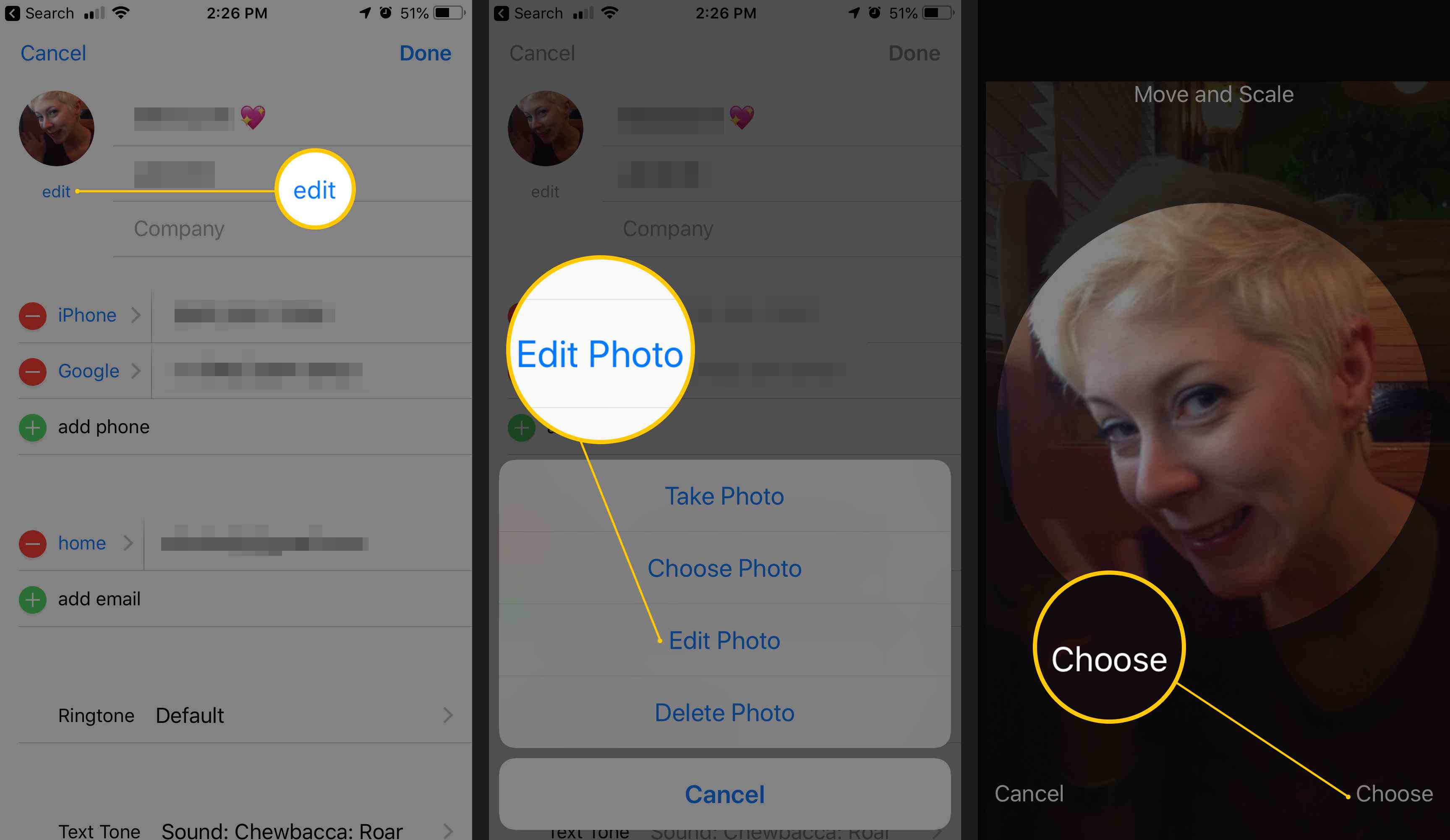 Tre iOS-skärmar som visar hur du redigerar en kontakt