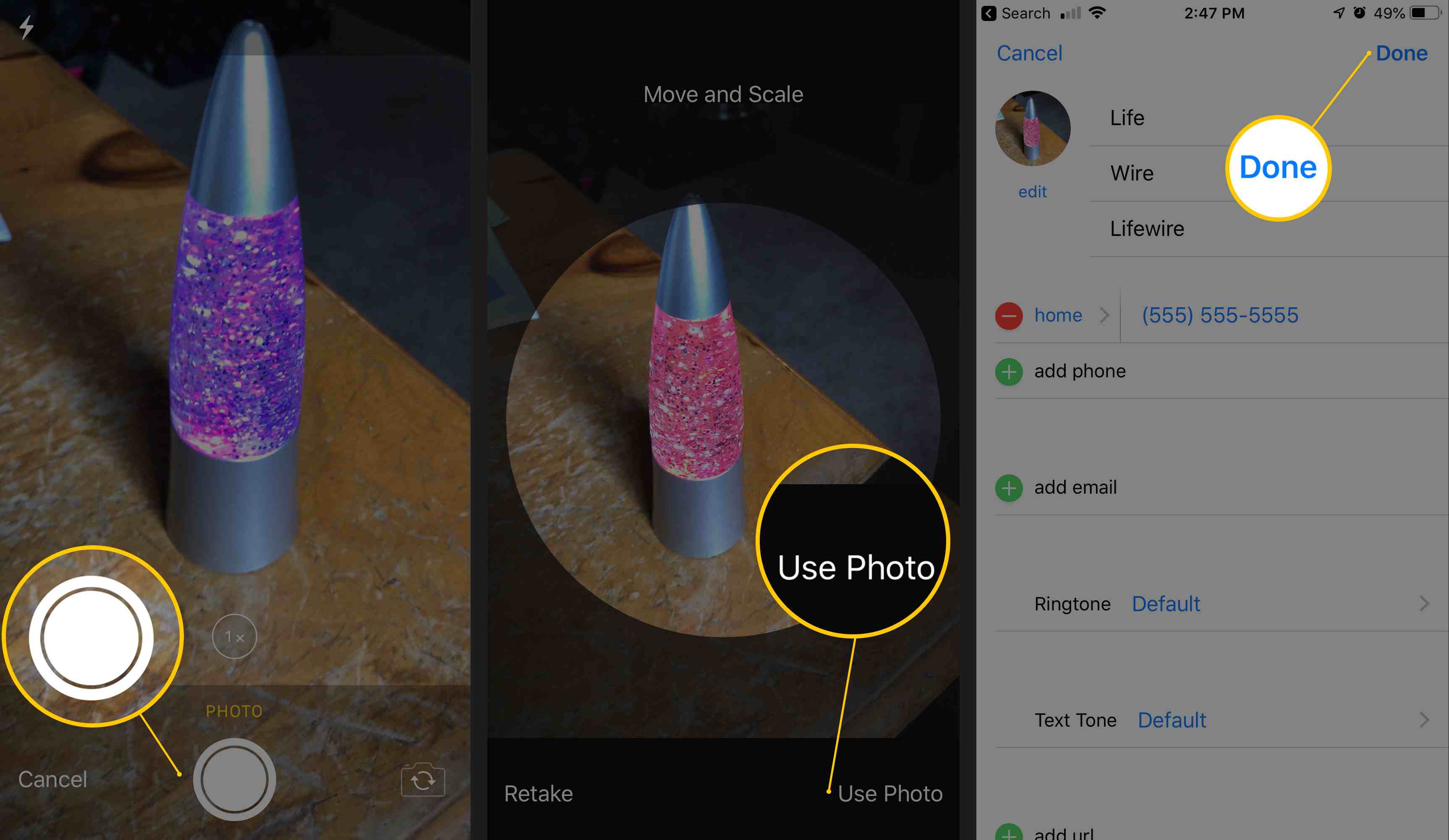 iOS-skärmdumpar för att ta ett nytt kontaktfoto
