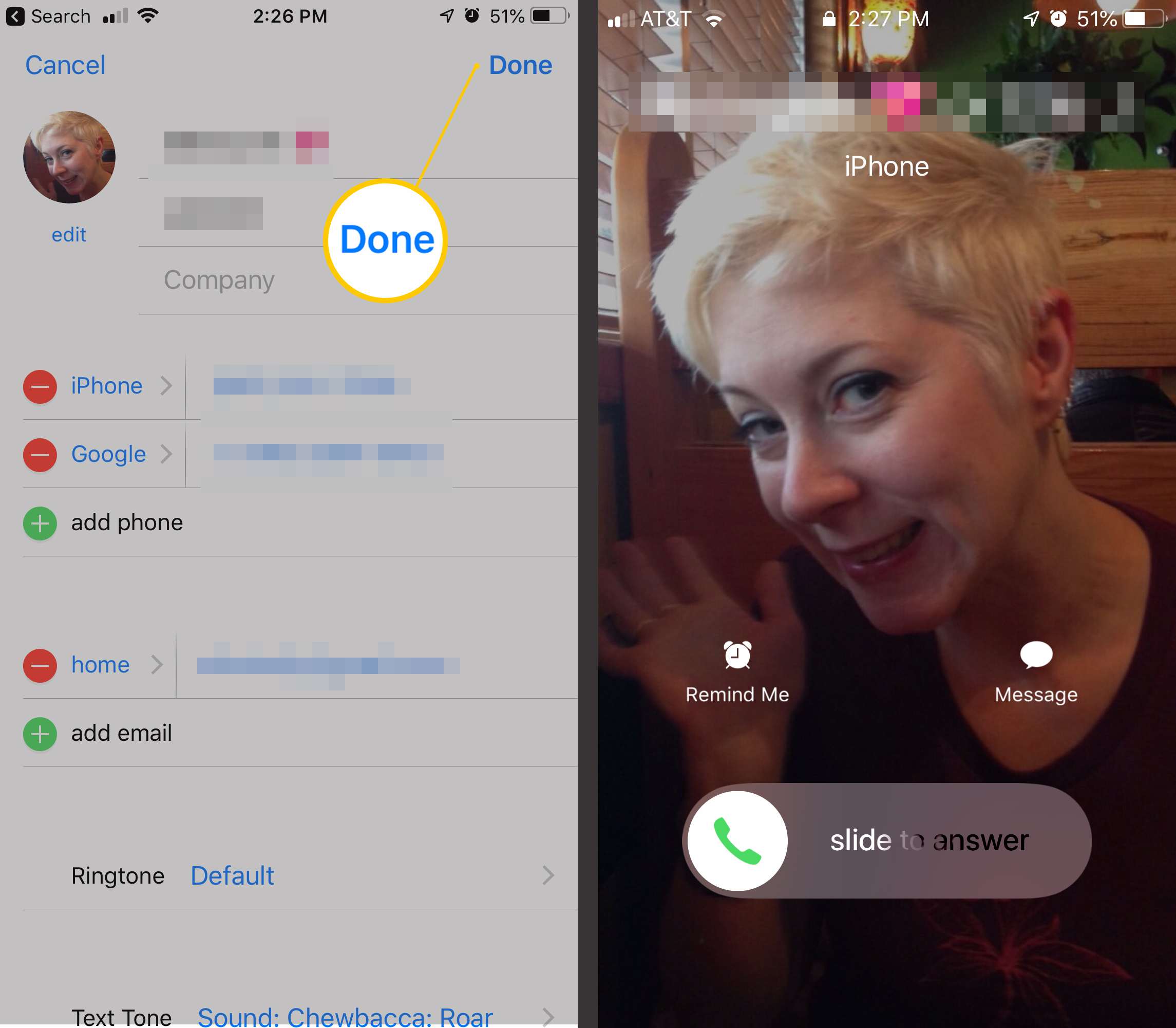 Två iOS-skärmar som visar knappen Klar i kontakt och helskärmsfoto under ett telefonsamtal