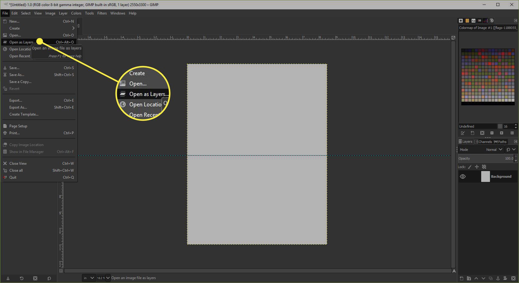 En skärmdump av GIMP med kommandot Öppna som lager markerat