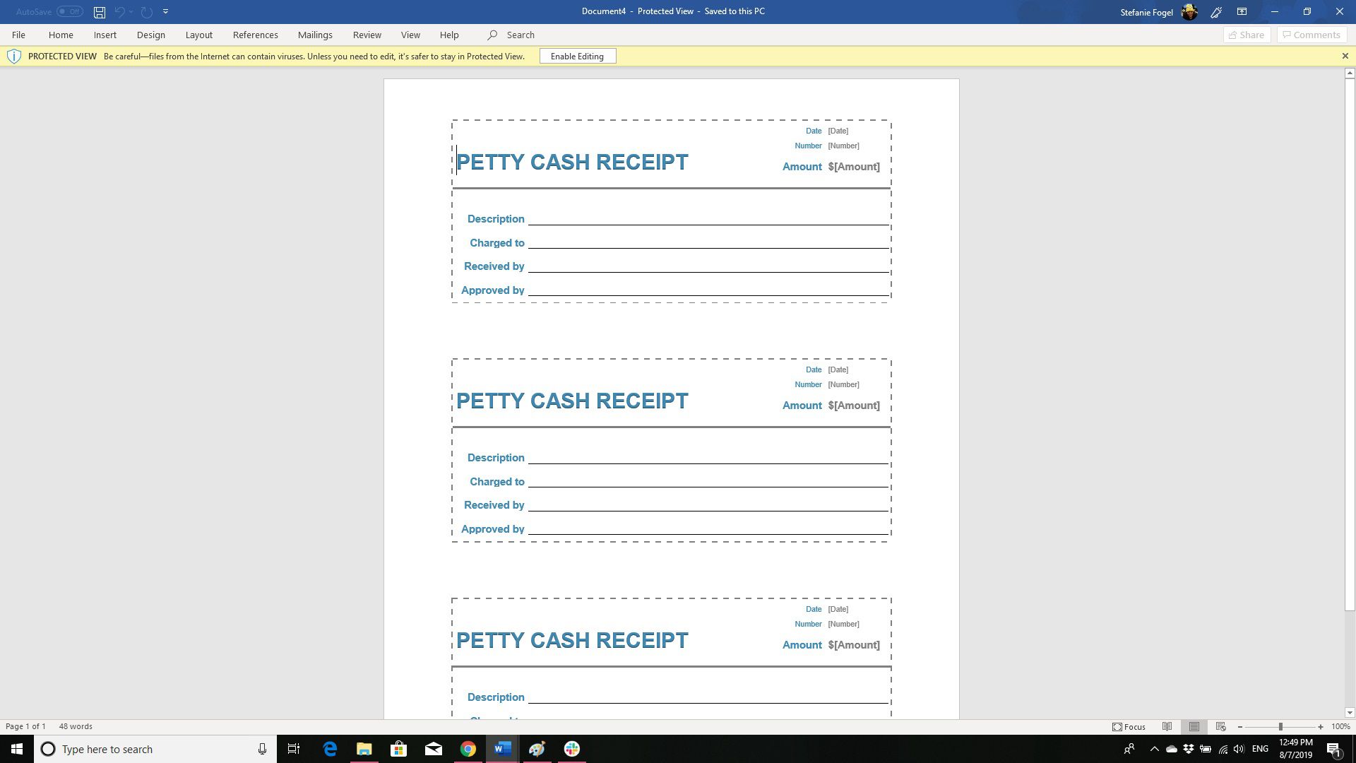 Skärmdump av mottagningsmallen för små kontanter i Word