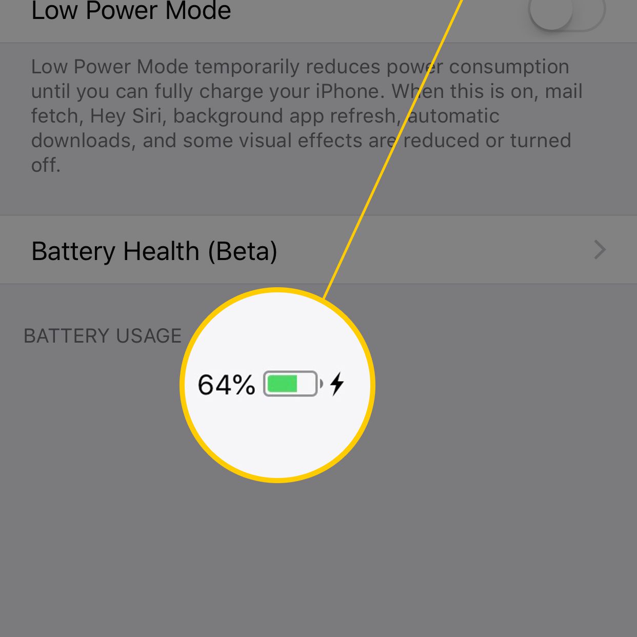 Skärmdump av iOS Batteriinställningsskärm med grön batteriikon