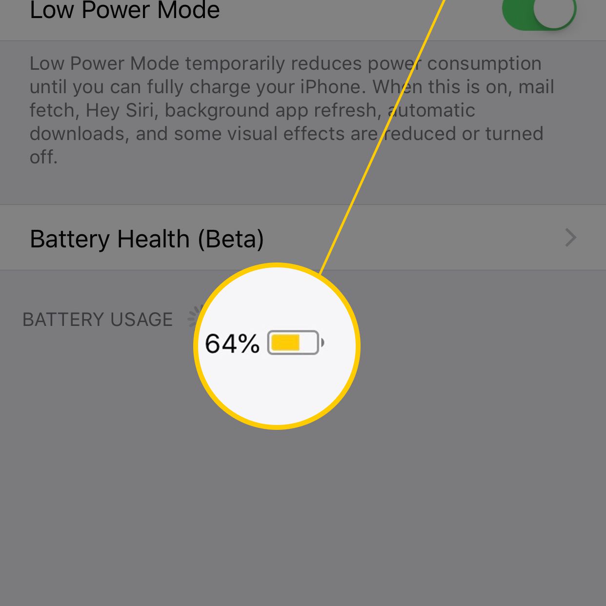 Skärmdump av iOS-ikonen för låg batterinivå