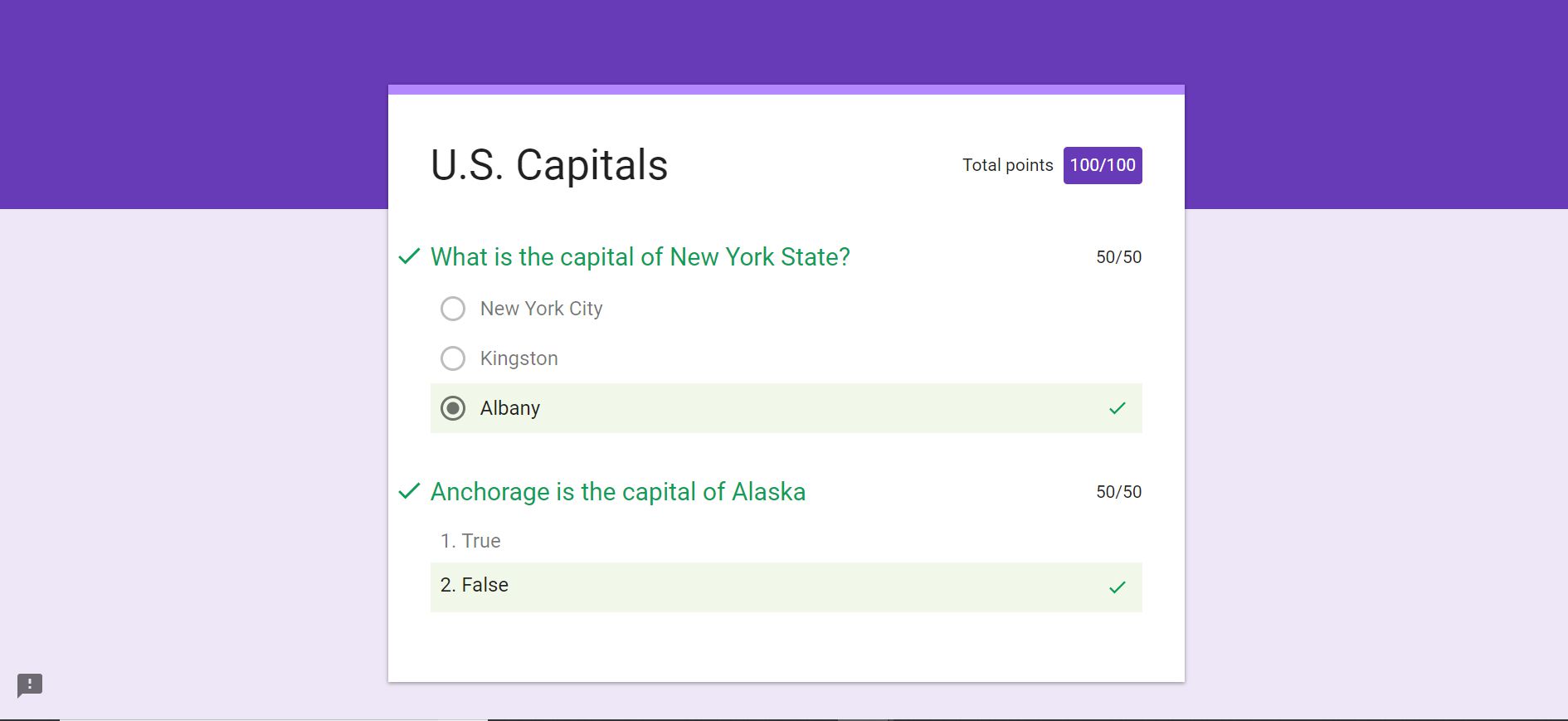 Google Forms svarsknapp för frågesport om amerikanska huvudstäder