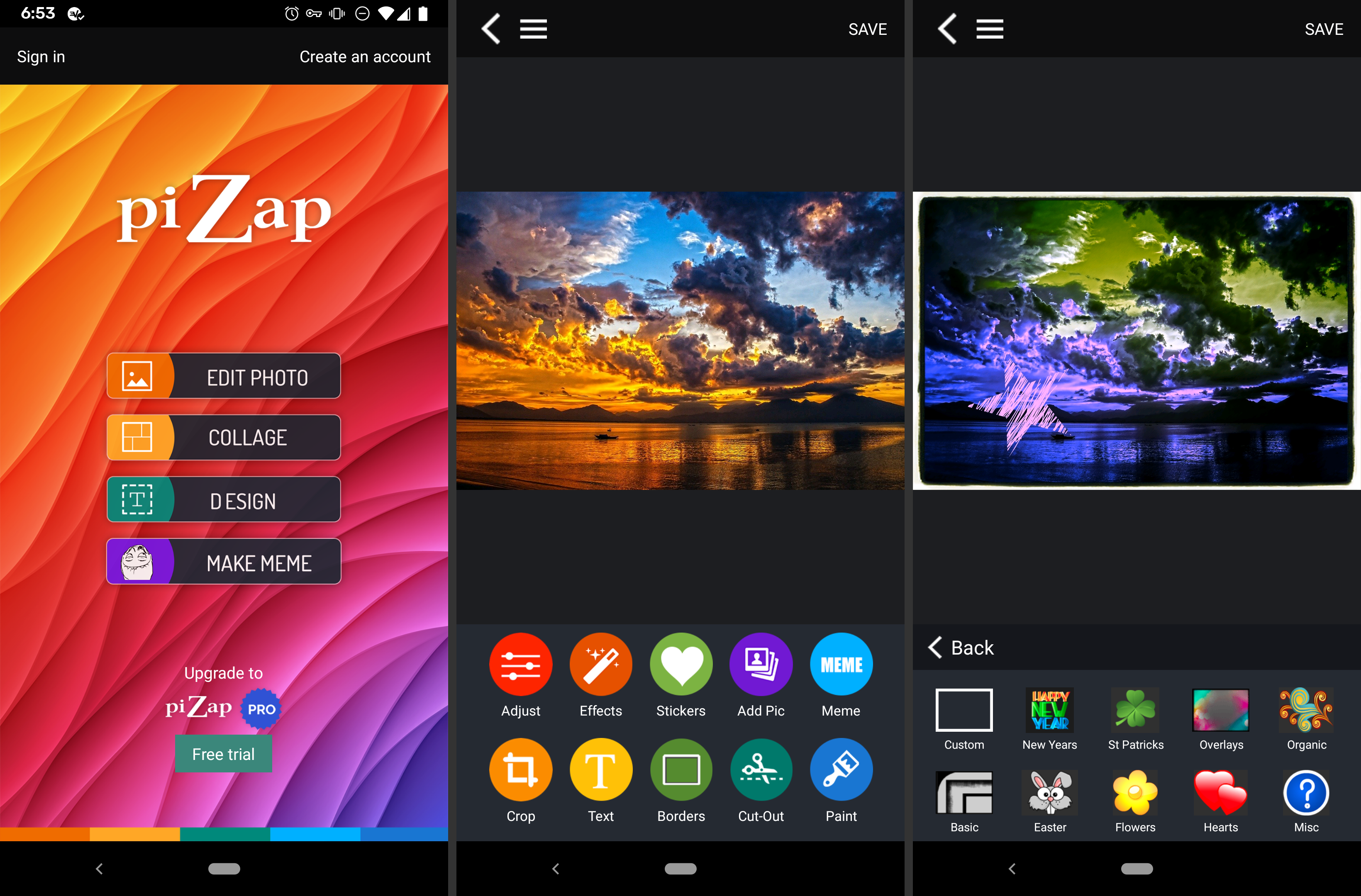 Skärmbilder av PiZap gratis bildredigeringsapp på Android