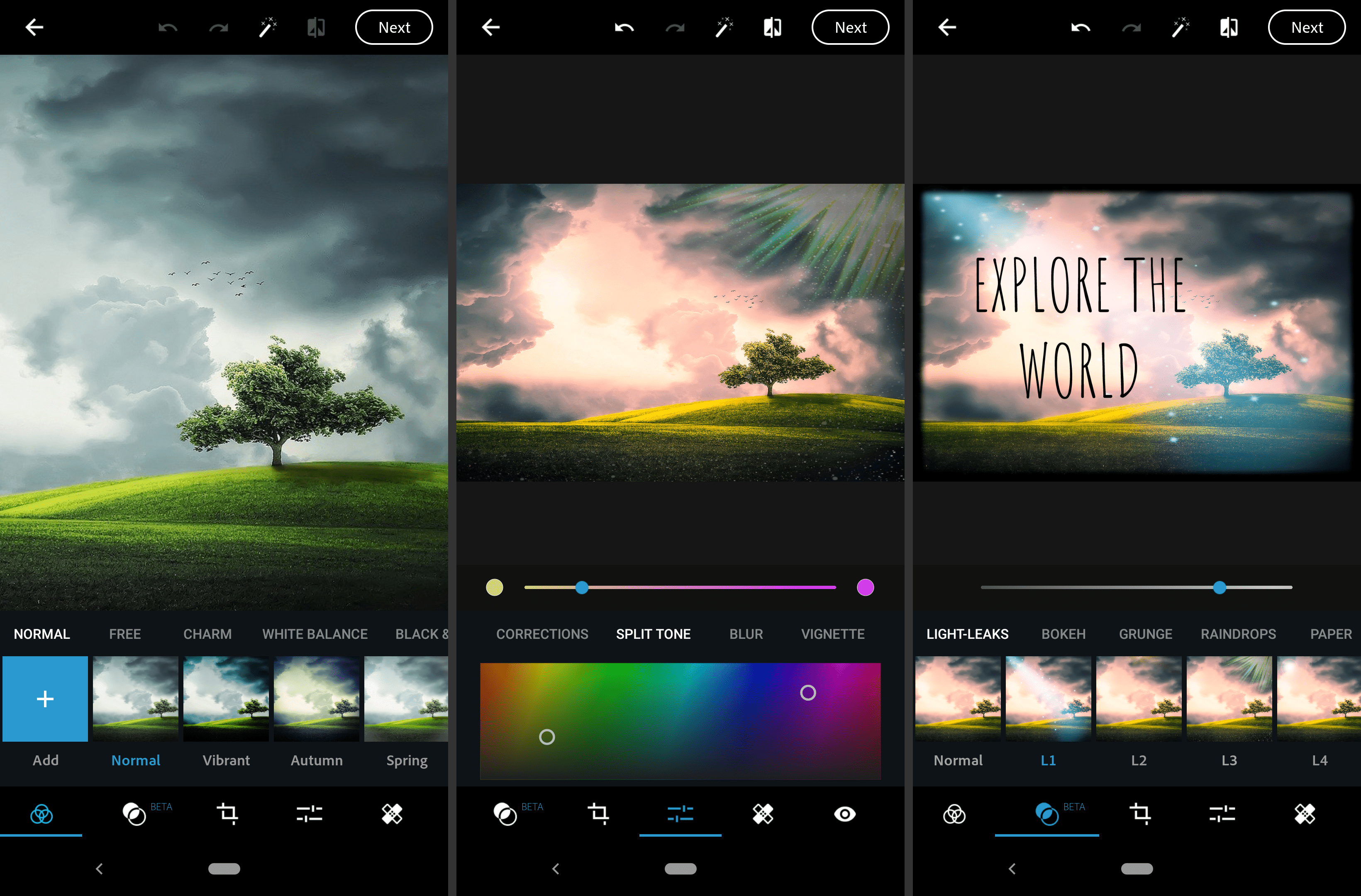 Skärmbilder av Adobe Photoshop Express Android-bildredigerare