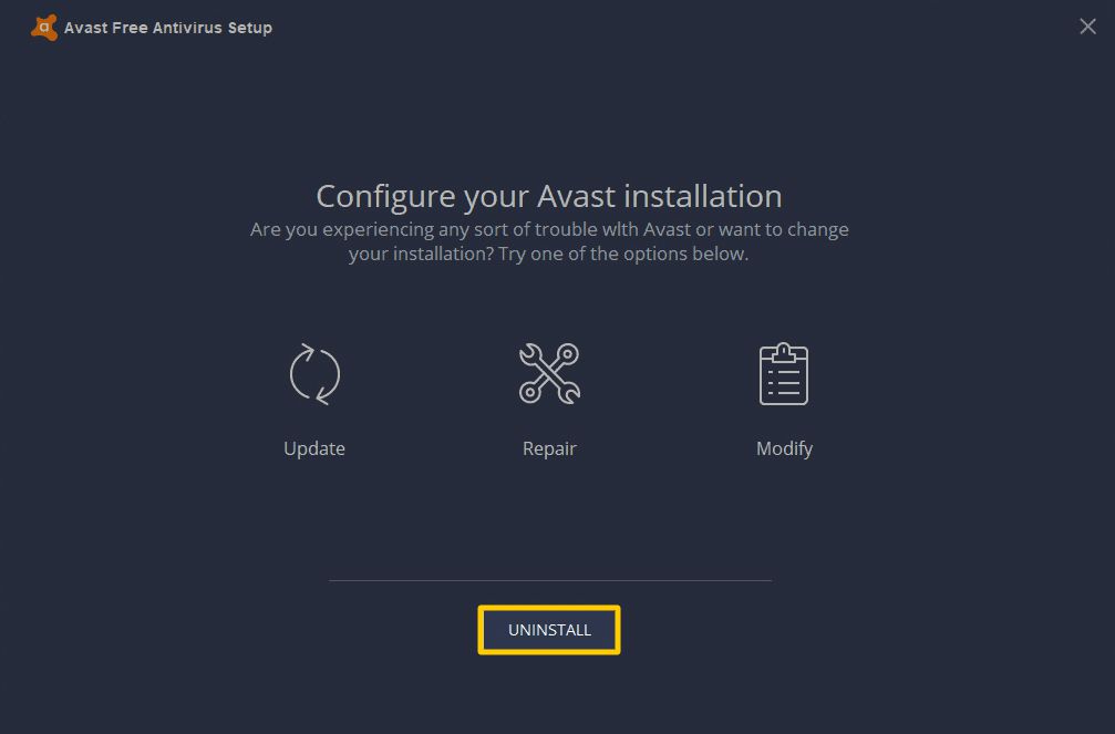 En skärmdump av avinstallationsalternativet i Avast Antivirus