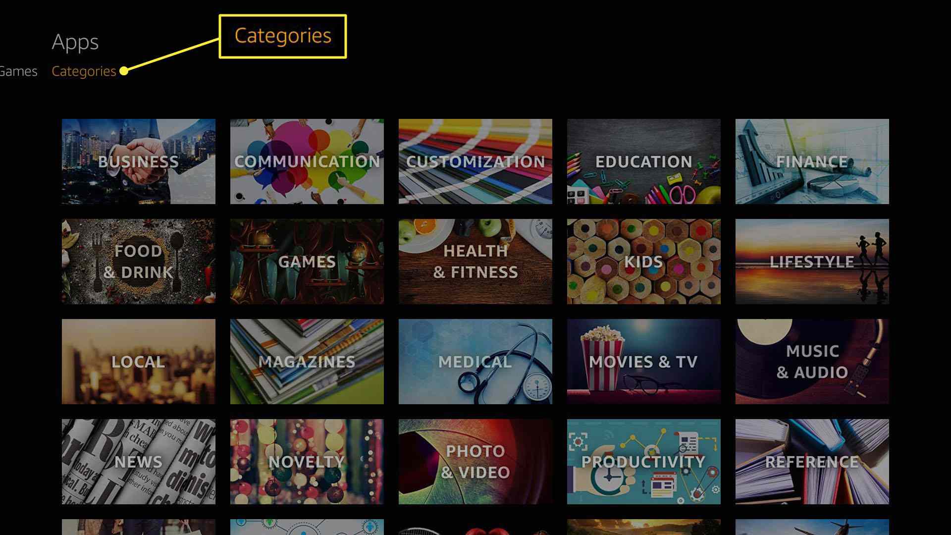 Välj Appar och kategorier på Fire TV Stick