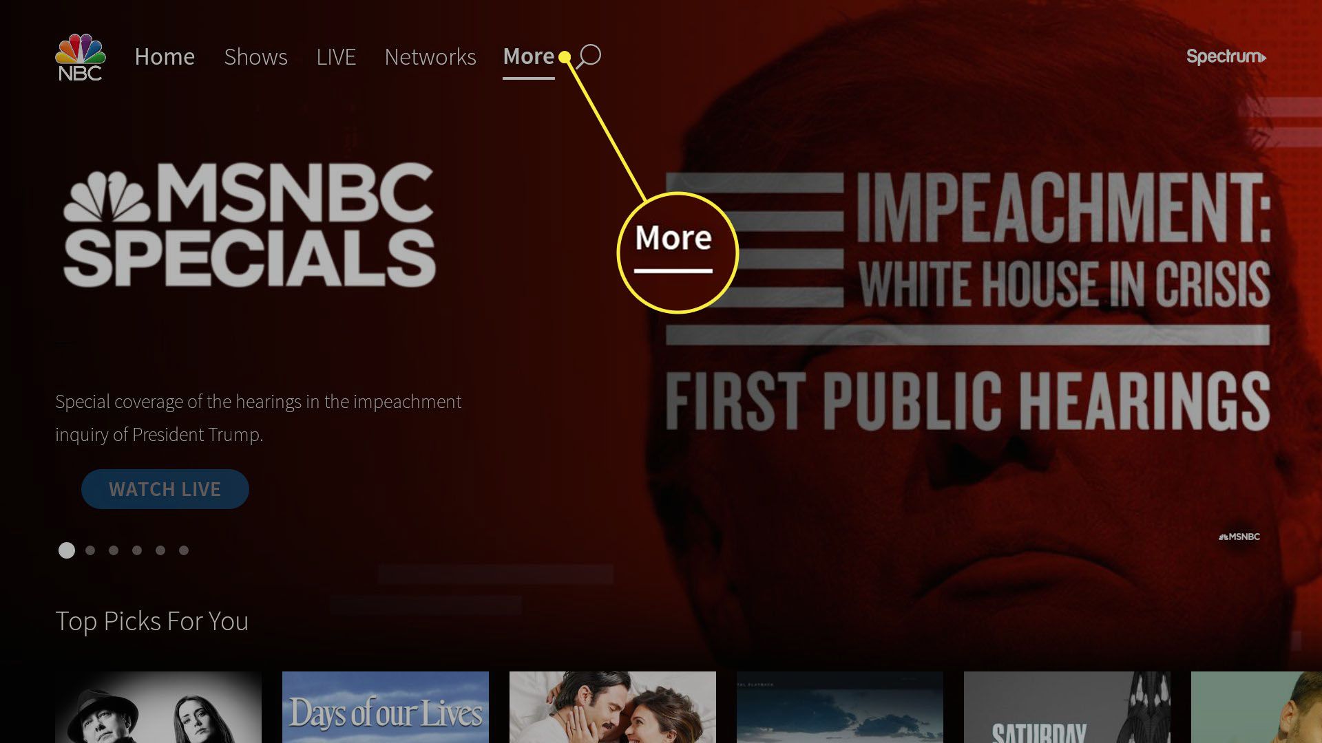 Välj Mer i NBC-appen för Fire TV Stick
