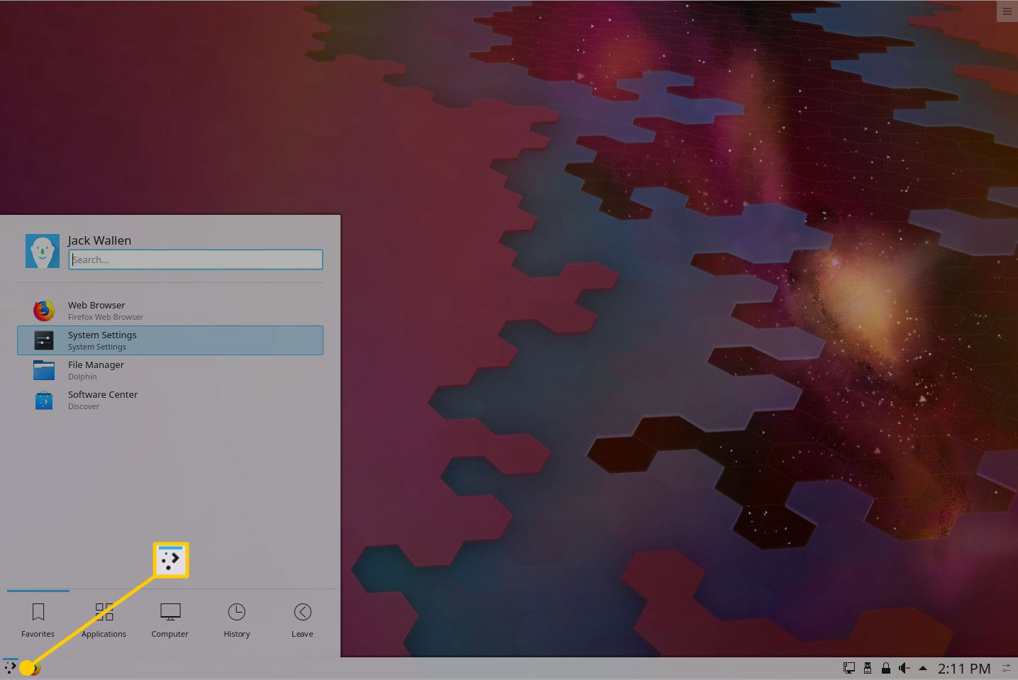 Knapp för skrivbordsmeny i KDE Plasma.
