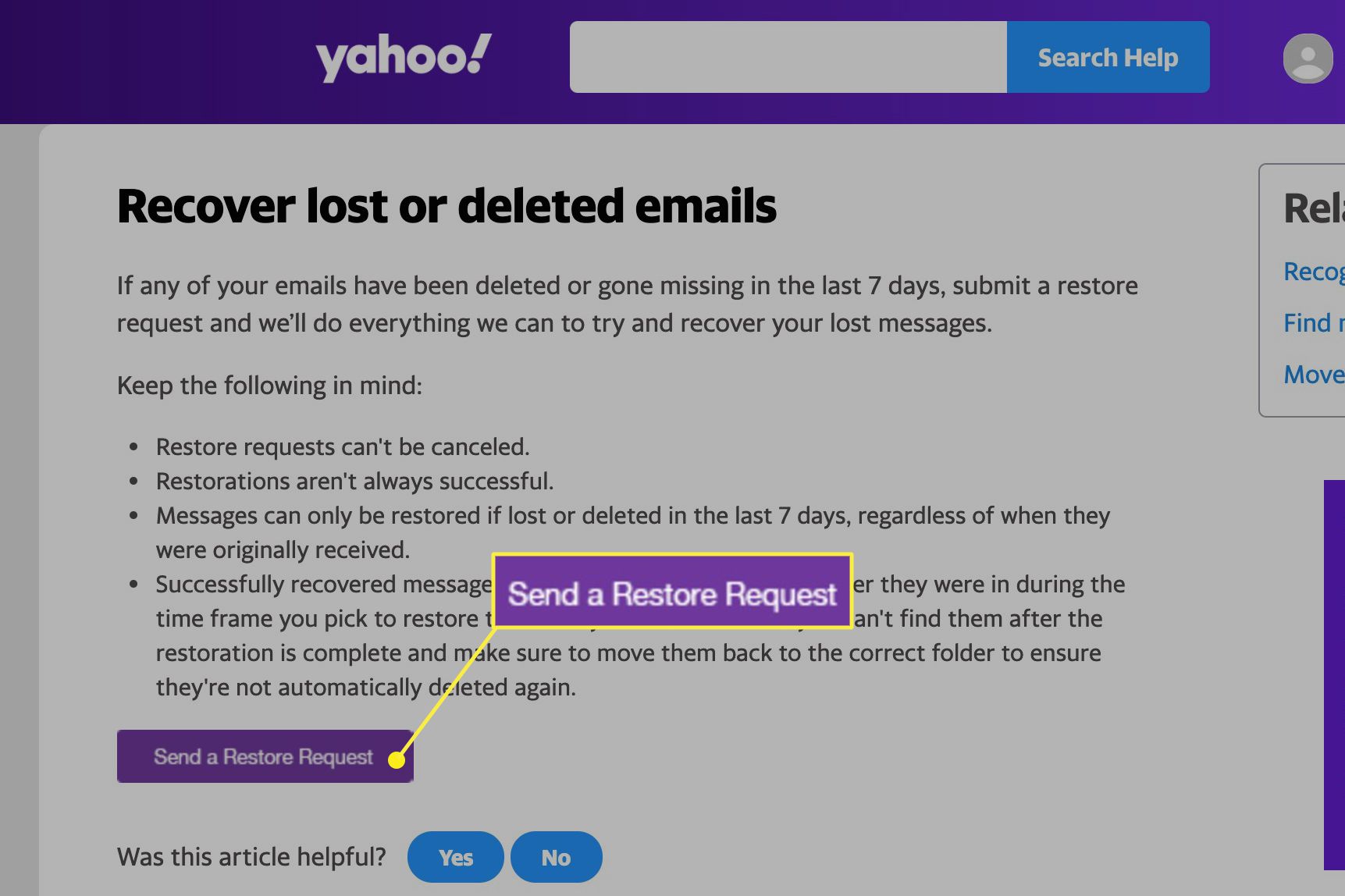 Yahoo Mail Skicka en återställningsförfrågningssida