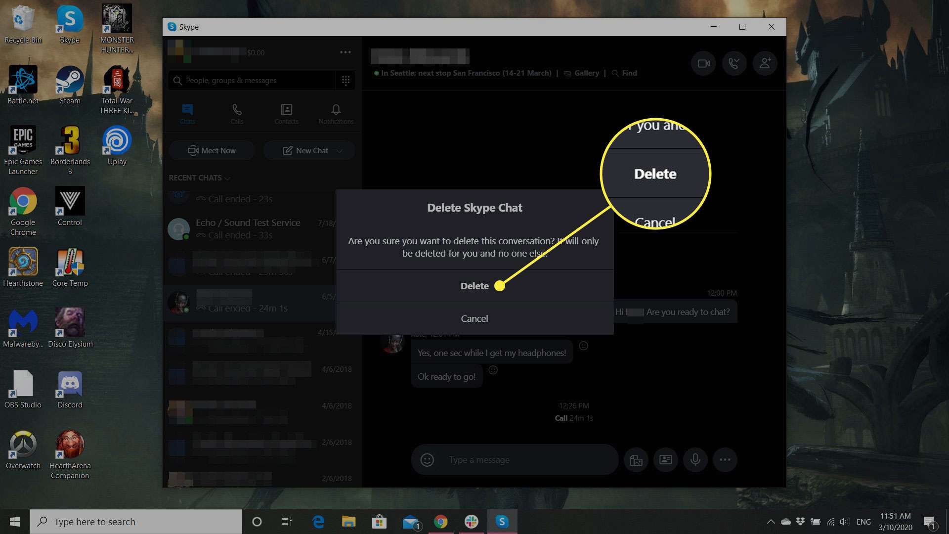 En skärmdump av Skype "Ta bort Skype-chatt" bekräftelsefönster med knappen Radera markerad