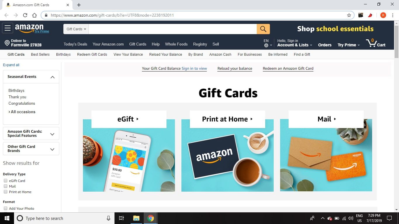 Gå till https://www.amazon.com/gift-cards/ och välj vilken typ av presentkort du vill köpa