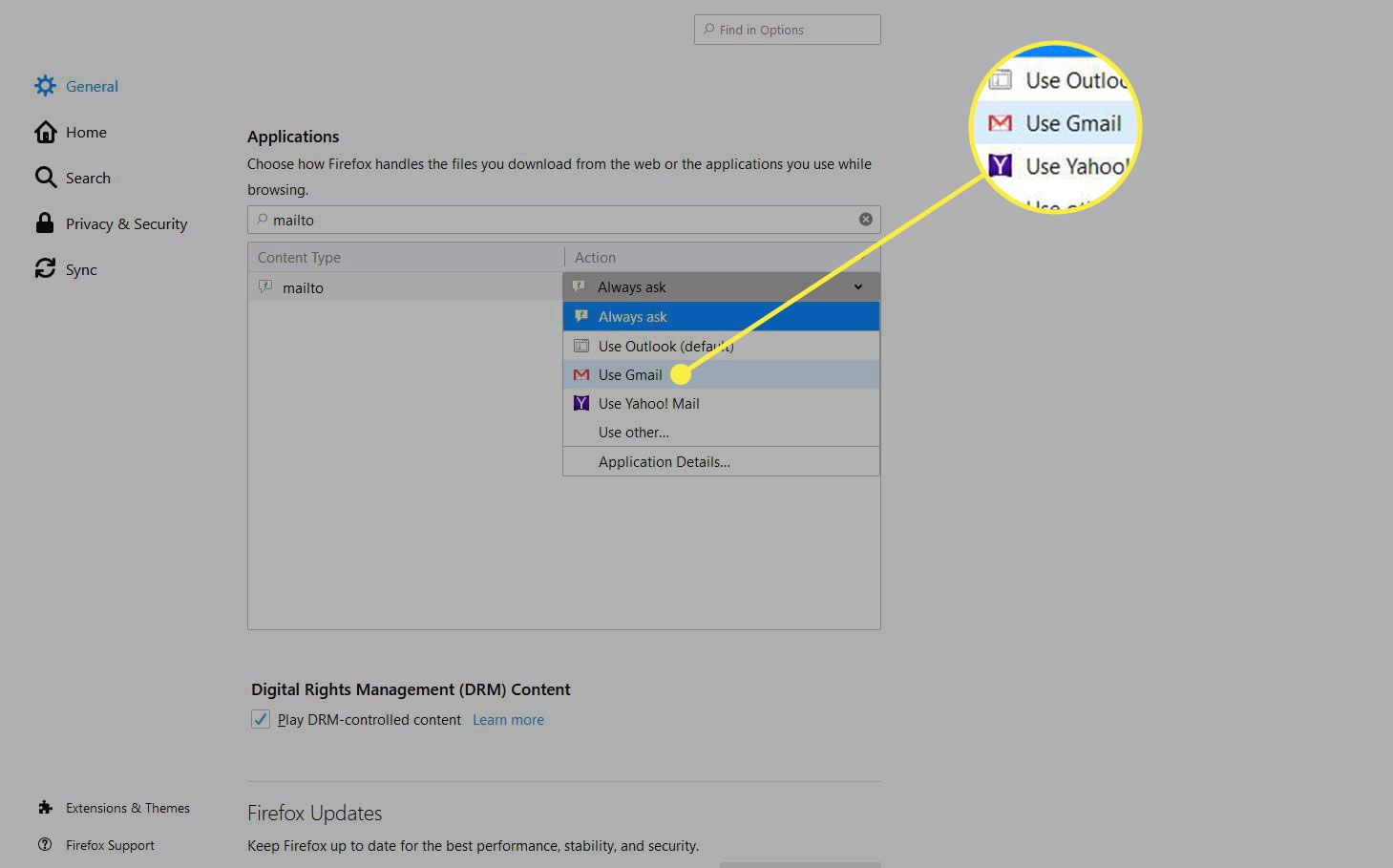 En skärmdump av Firefox-applikationsinställningar med Använd Gmail markerad