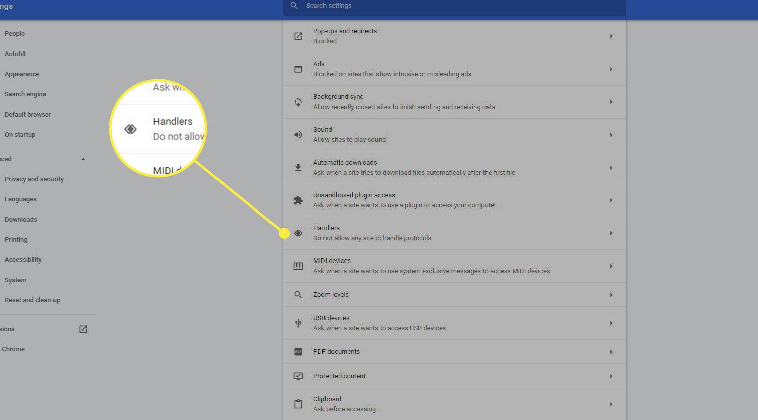 En skärmdump av Chrome-inställningar med Handlers markerad
