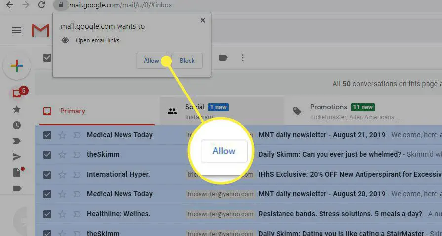 En skärmdump av Gmail med knappen Tillåt markerad