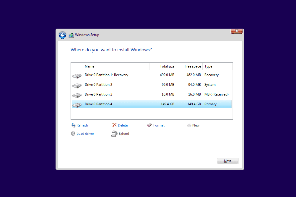 Skärmdump som visar hur man formaterar C från en installationsskiva för Windows 10