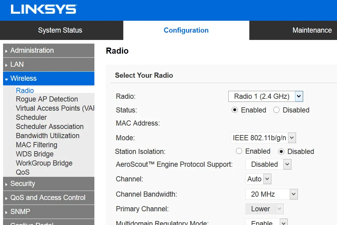 Skärmdump av radioinställningarna i en Linksys-router