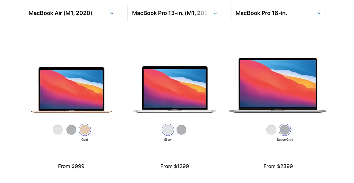 M1 MacBook Air, M1 MacBook Pro och 16-tums MacBook Pro sida vid sida på Apples webbplats