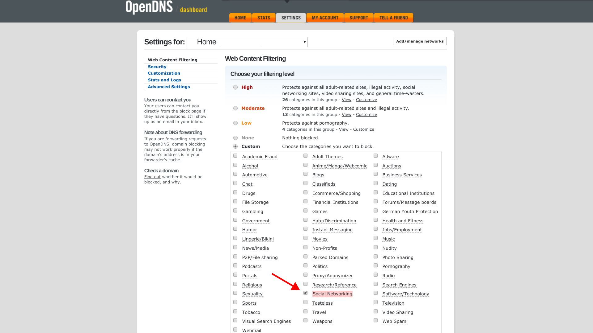 OpenDNS webbinnehållsfiltrering, som visar webbplatser för sociala nätverk blockerade.