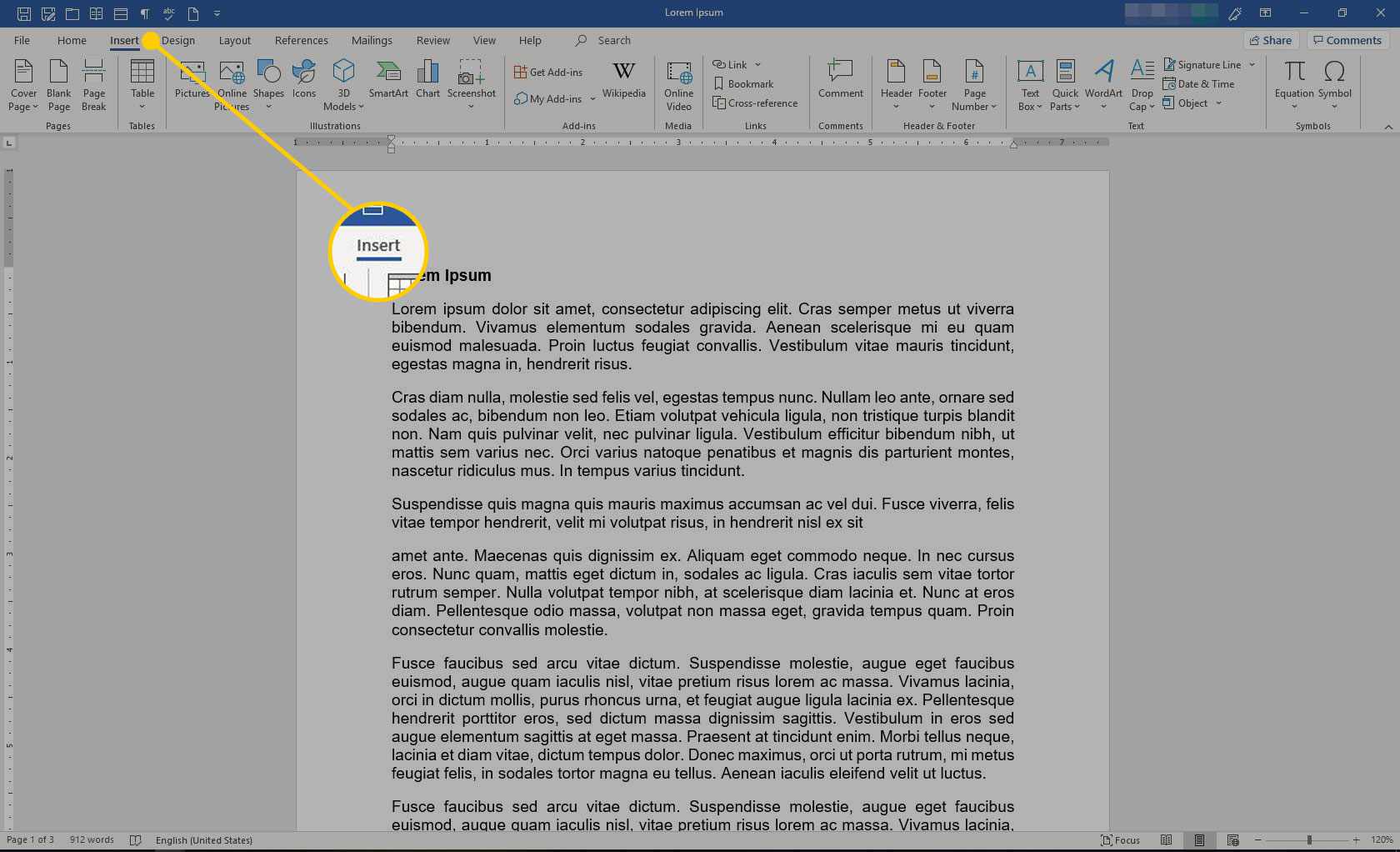 Microsoft Word med rubriken Infoga markerad