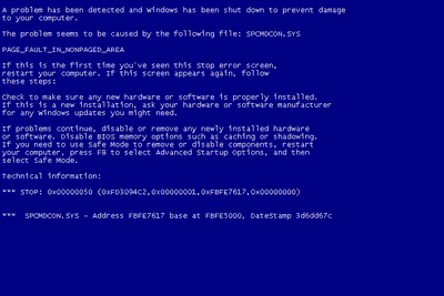 Skärmdump av en Windows XP BSOD med en stoppkod