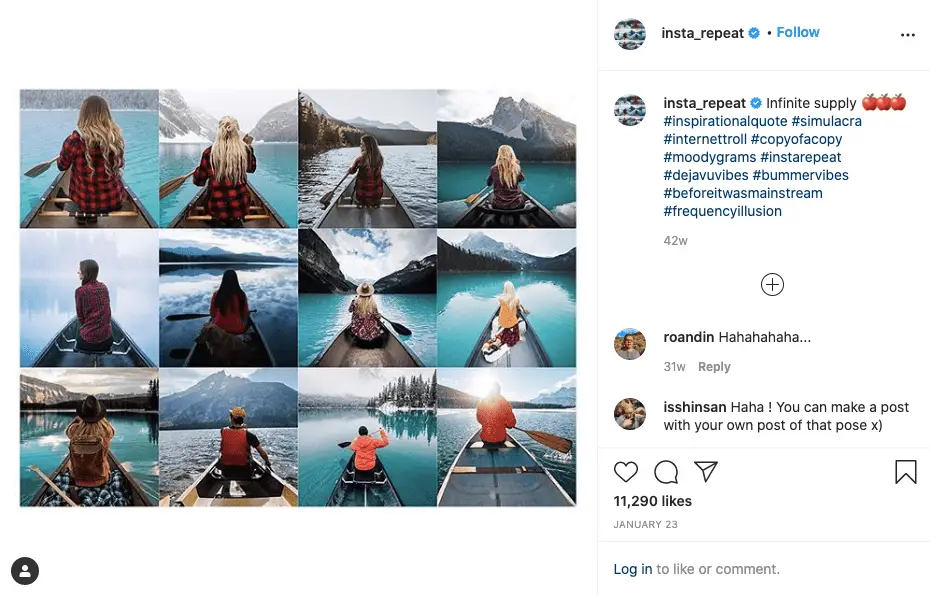 Insta_repeat Instagram-kontot som visar 12 bilder av människor i båtar som vetter bort
