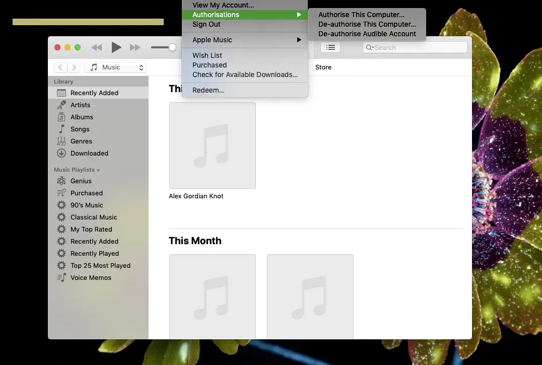 En skärmdump som visar hur du av auktoriserar en Mac från sitt iTunes-konto