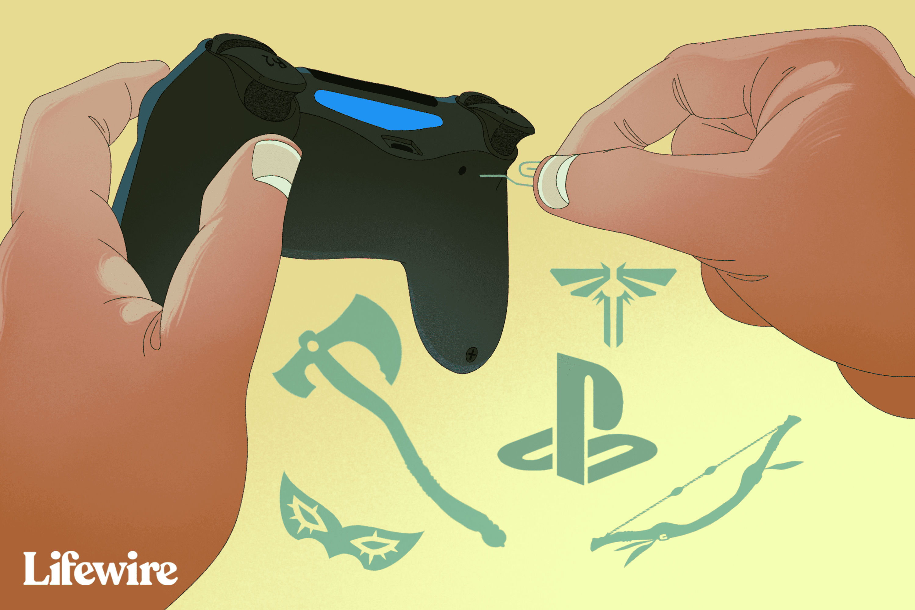 Person som återställer en PlayStation 4-kontroller med ett gem