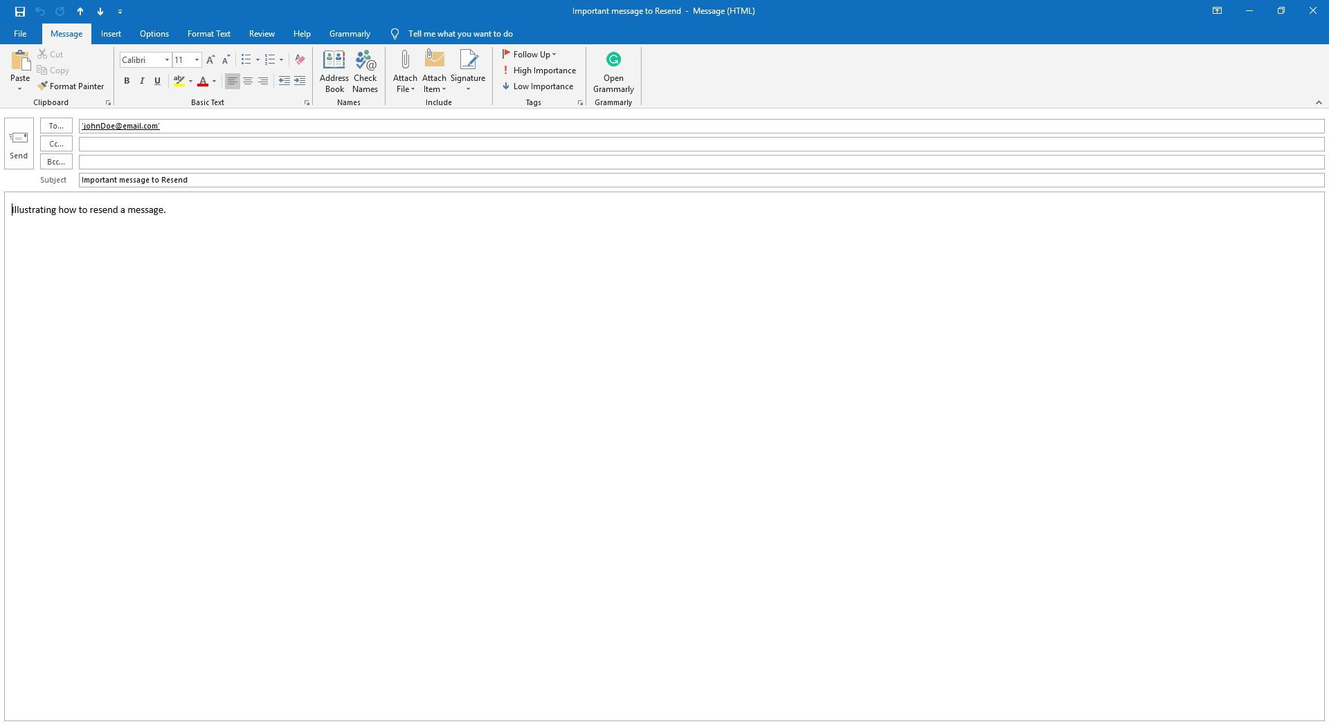 Ett öppnat e-postmeddelande i Outlook