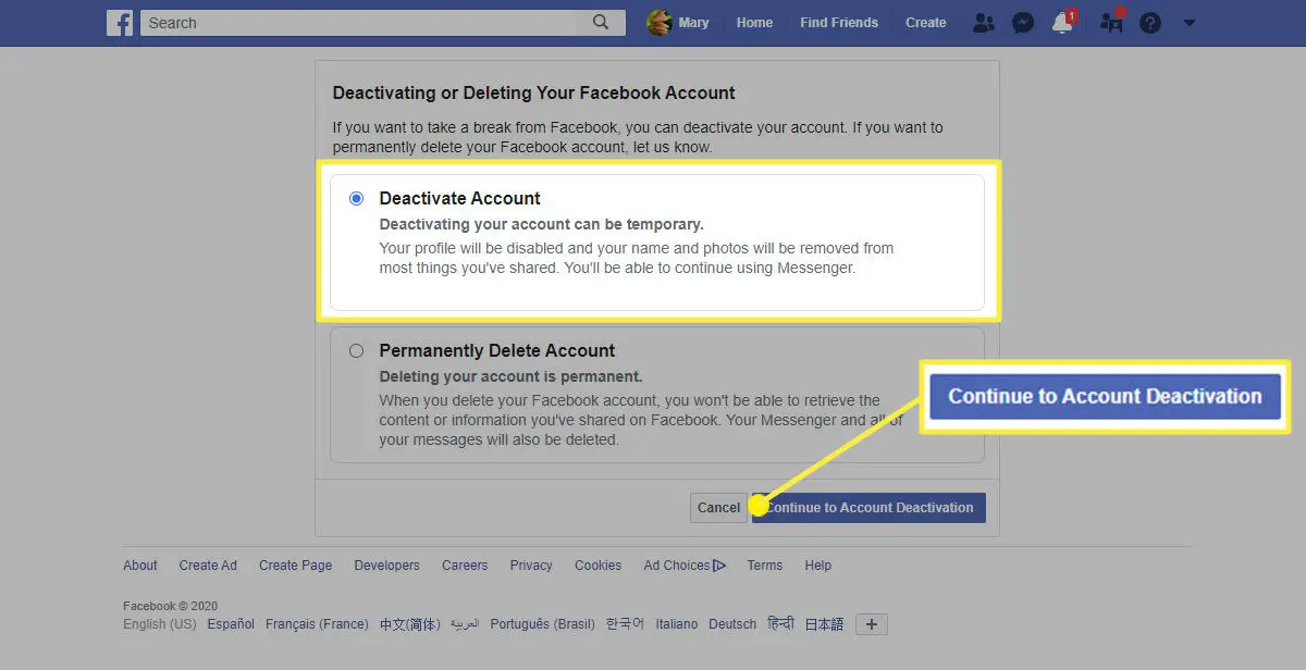 Alternativet Deaktivera konto i Facebook i en webbläsare.