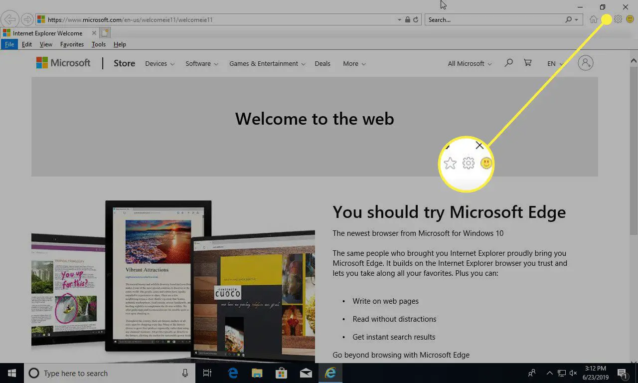 En skärmdump av Internet Explorer med inställningsutrustningen markerad