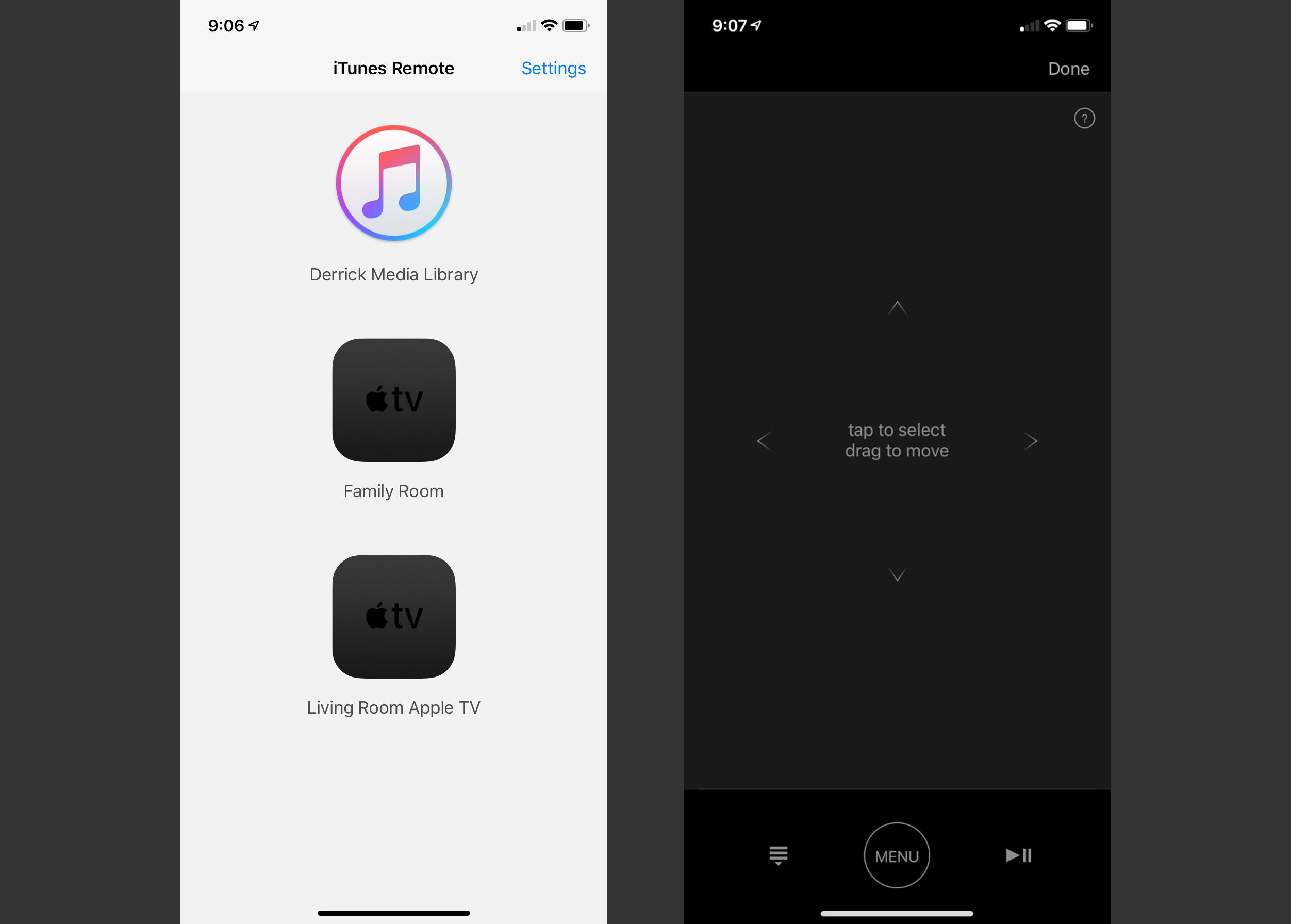 Skärmdumpar av TV-urvalet och rullningskontrollerna i Apple TV Remote-appen.