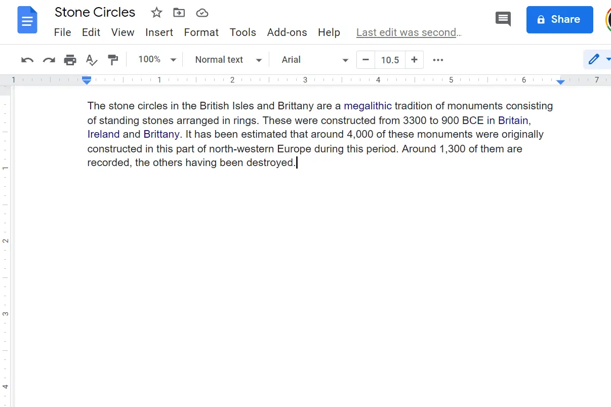Skärmdump av en sidbrytning i Google Dokument