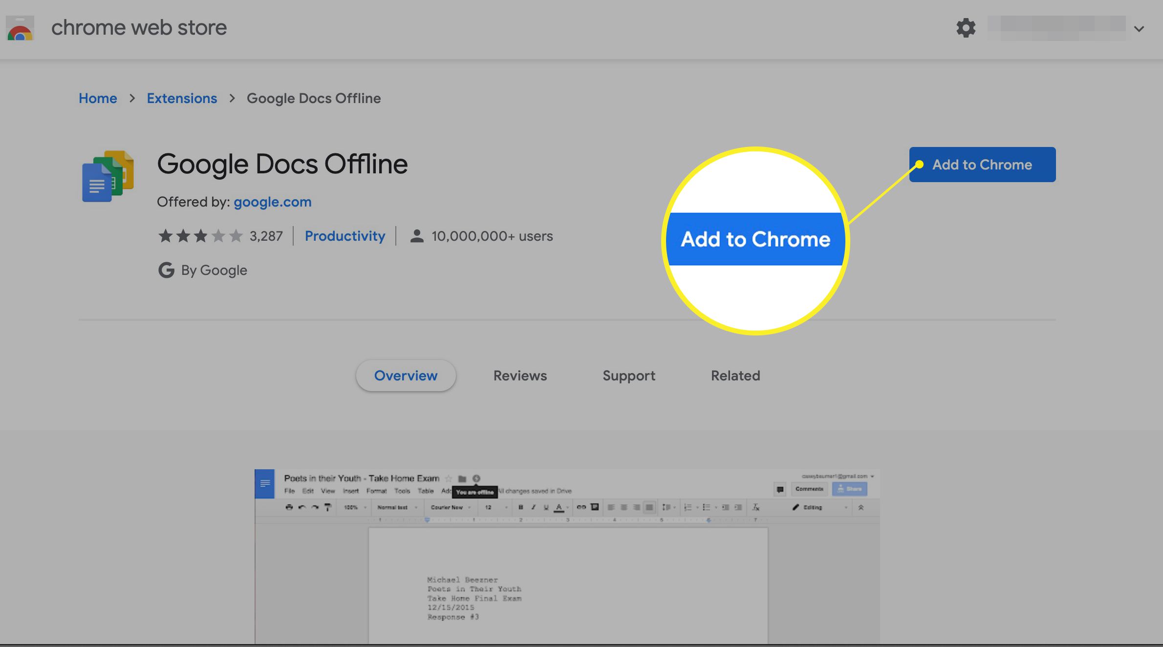 Lägg till Google Docs Offline-tillägget till Chrome i Chrome Web Store