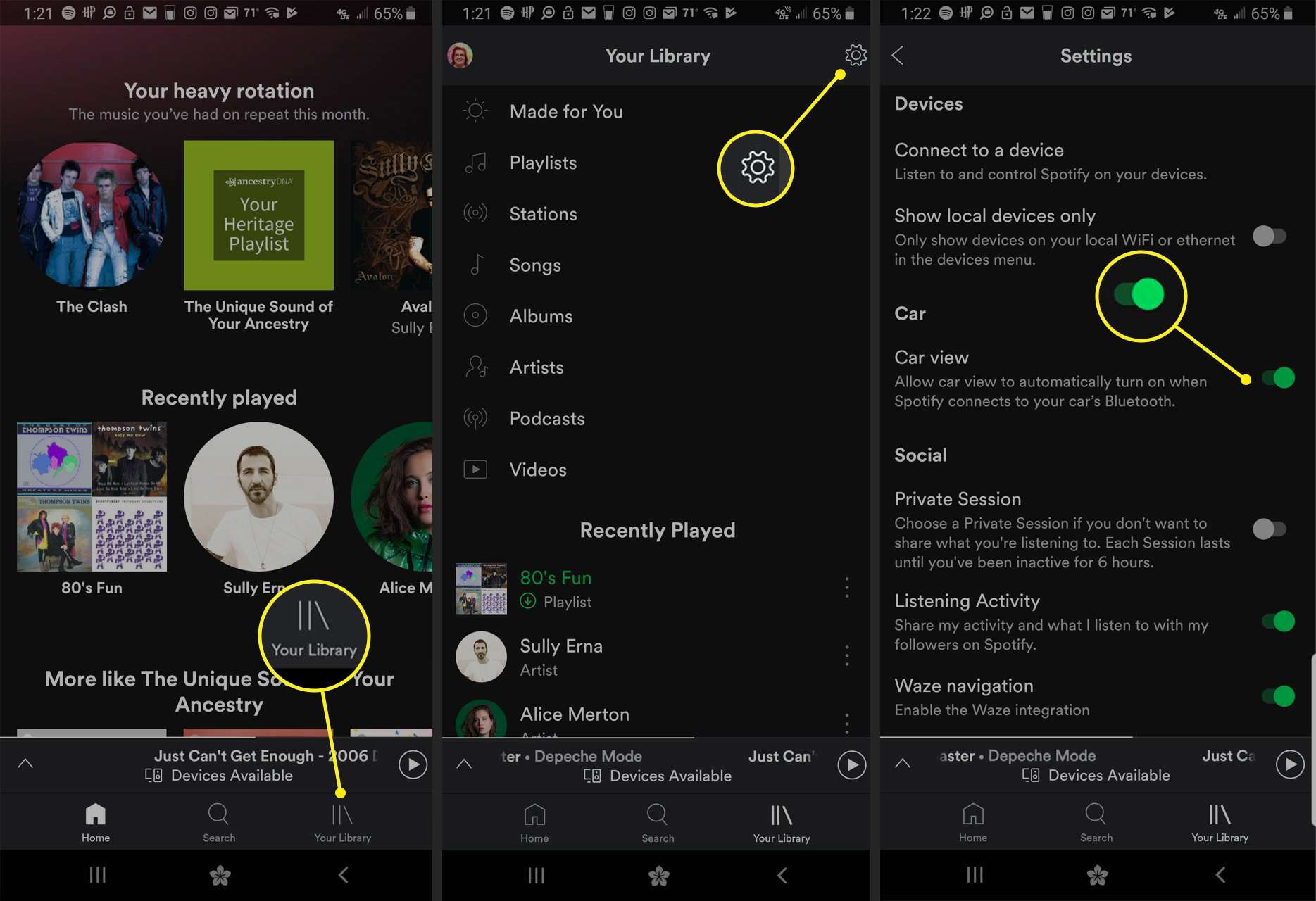 Spotify-app som visar inställningar för bilvy