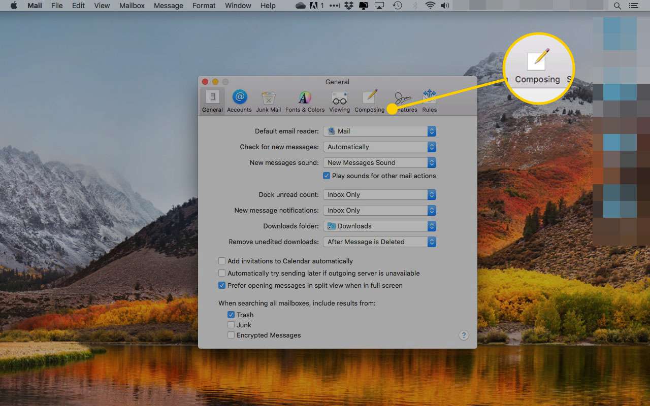 Inställningar i macOS Mail med fliken Komponera markerad